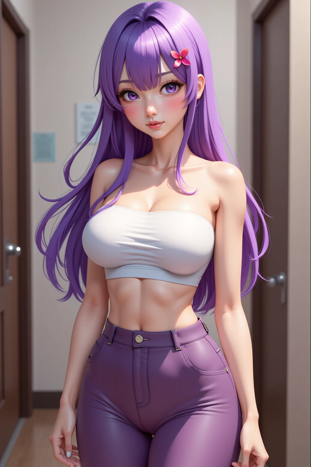 (1girl), long light purple hair, green eyes, white low cut crop top, short denim shorts, shopping mall , cleavage, large chest, jewelry, soft abs, thong strap peeking out