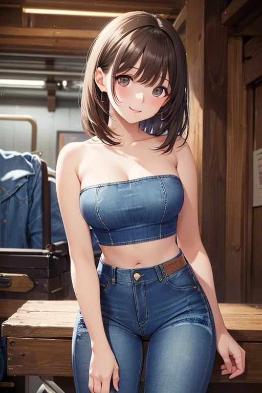 casino, 1girl, gigantic breasts, visor cap, crop top, wide hips, smile, looking at viewer, jeans, <lora:casino:0.6>