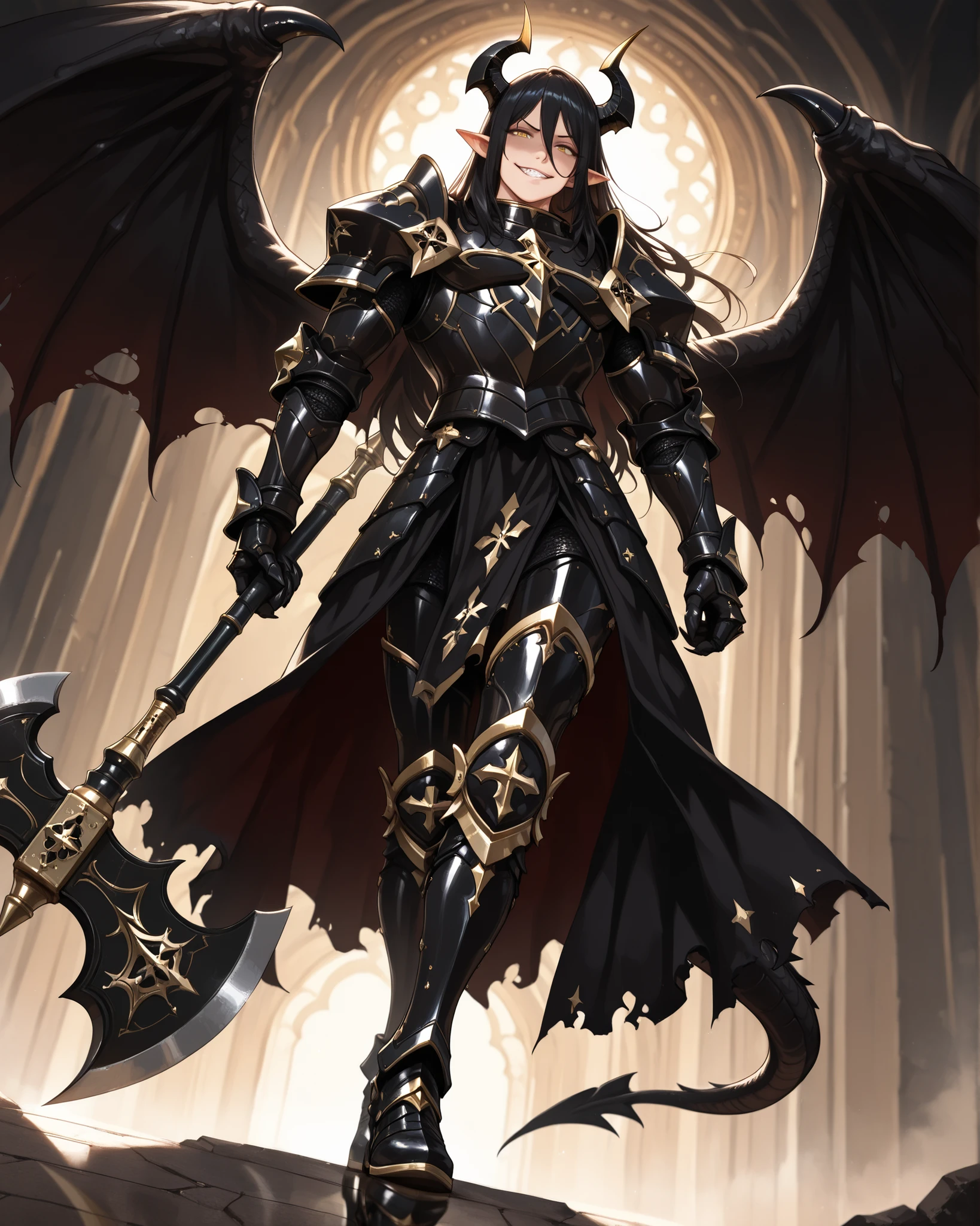 (masterpiece, best quality: 1. 5), highres, 8K, CG, (((Anime))), (1 male), lean body, ((strong body, masculine)), (floating in the air), weredragon, japanese anime style, glossy black, shiny black leather, ((beautiful golden eyes, finely detailed eyes, bright eyes, vertical iris)), hair between eyes, long hair, sideburns, wild hair, (sly grin, smirk, evil smile), teeth, confident, black hair, (ultra detailed face), shiny skin, long pointy ears, twisted torso, long-legged, sculpted face, wasp waist, dragon’s horn, dragon’s tail, dragon’s wings, dragon’s sharp claws, ((black armor with a lot of grandiose decorations)), half dragon half human, dramatic angle, dynamic posture, (huge axe on hand ready to strike), ultra detailed black armor, black armor with gold accent, all black outfit, whole body, emphasize face, focused expression, sharp focus, oblique angle, good-looking man, well-polished black armor, charismatic pose, (best illustration), cinematic, glowing glitters, ((intricate detail, super detailed, extreme detailed)), reflection, pearly luster, (highly detailed artwork), dramatic shadows, tenebrism, chiaroscuro, wonderful pose, chiseled features, stark contrast, heavy shadows, detailed black decorations, beautiful and aesthetic, photoreal, from below, (mysteriously crafted black metal armor: 1. 5), sparkling accessories, thick and luxuriant hair, ultra detailed fantasy black armor, dressed in black, broad shoulder, sharp eyes, true-to-life visuals, artistically refined, dramatic contrasts, ((extremely delicate and beautiful armor, elaborate armor details)), in a cursed dark armor, exquisite goldwork, wonderful black armor, armor with intricate engravings, (armor-type boots), ((detailed shoulder armor with intricate engravings, gold accent black armor)), (128K Ultra High Resolution), very gorgeous and dazzling, dark fantasy black knight, slim waistlines, wide chested, sinewy body, splendid scenery background, (((Hyper Detailed & Perfectly Designed Black Armor)))