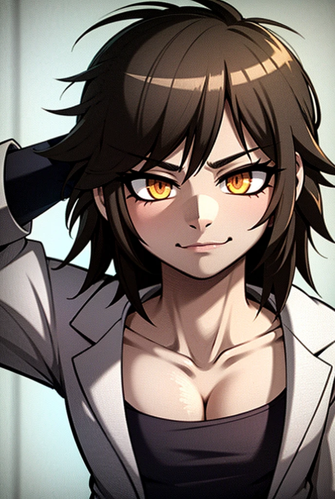 (absurdres, 8k, 4k, masterpiece, hyper extreme detailed:1.2), solo, 1girl, front view, portrait, best quality, expressive eyes, perfect face, 1girl, portrait, solo, standing, Female, toned body, mature female, small breasts, pale, hair covering one eye, dark brown hair, long hair, eyepatch, sarcastic, snarky, soldier, , hazel eyes, shorts, delinquent, sarcastic, white jacket tied around waist, graphic t-shirt, smirk, crazy eyes, messy hair, swept bangs, midriff, hand on head, hand on shoulder, exposed collarbone, exposed left shoulder,