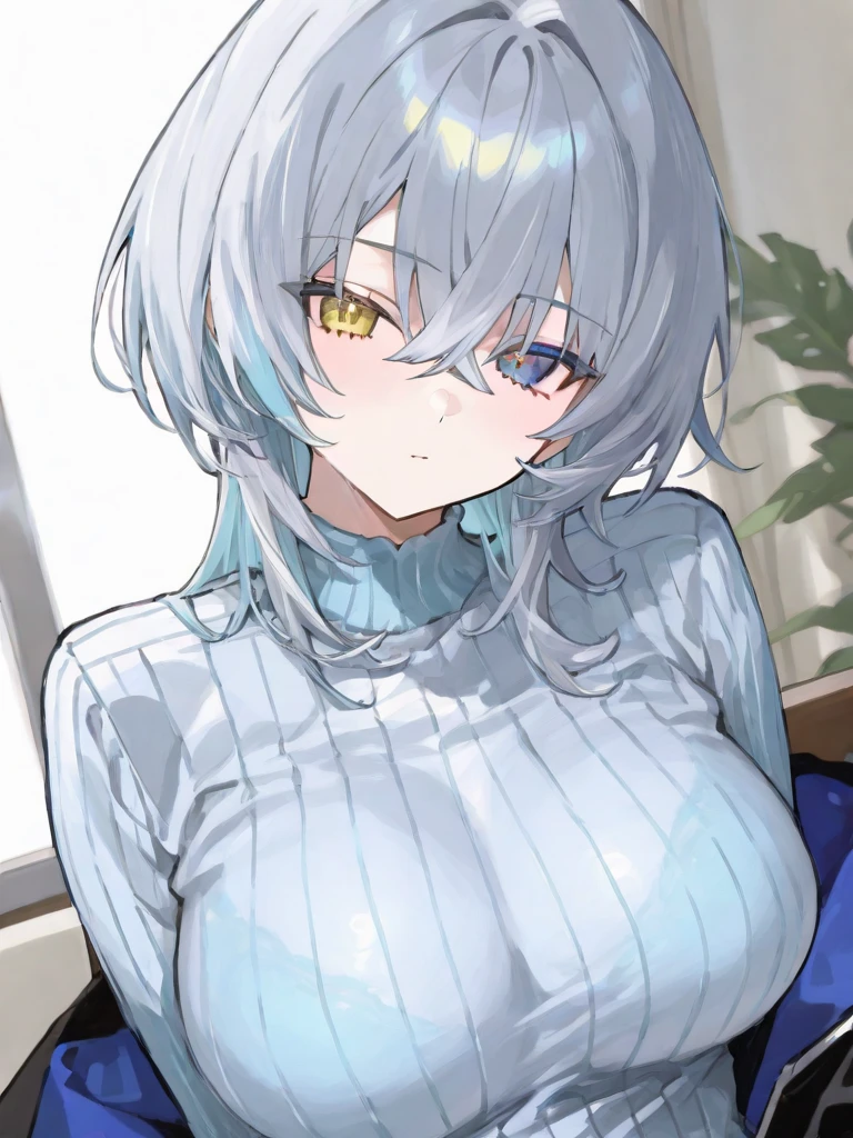 beautiful, masterpiece, Highest quality, anime, One girl, C Cup,Portrait Shot, View your viewers, Covered、Medium Hair、nearby、Blue Eyes、art、、White hair,Blue streaked hair、wallpaper、Cute smile、Thighs、Cute、Gray hair(It's about to go to the waist) ・Large breasts(AND~About F) ・Looking up ・Teasing but looking a bit embarrassed