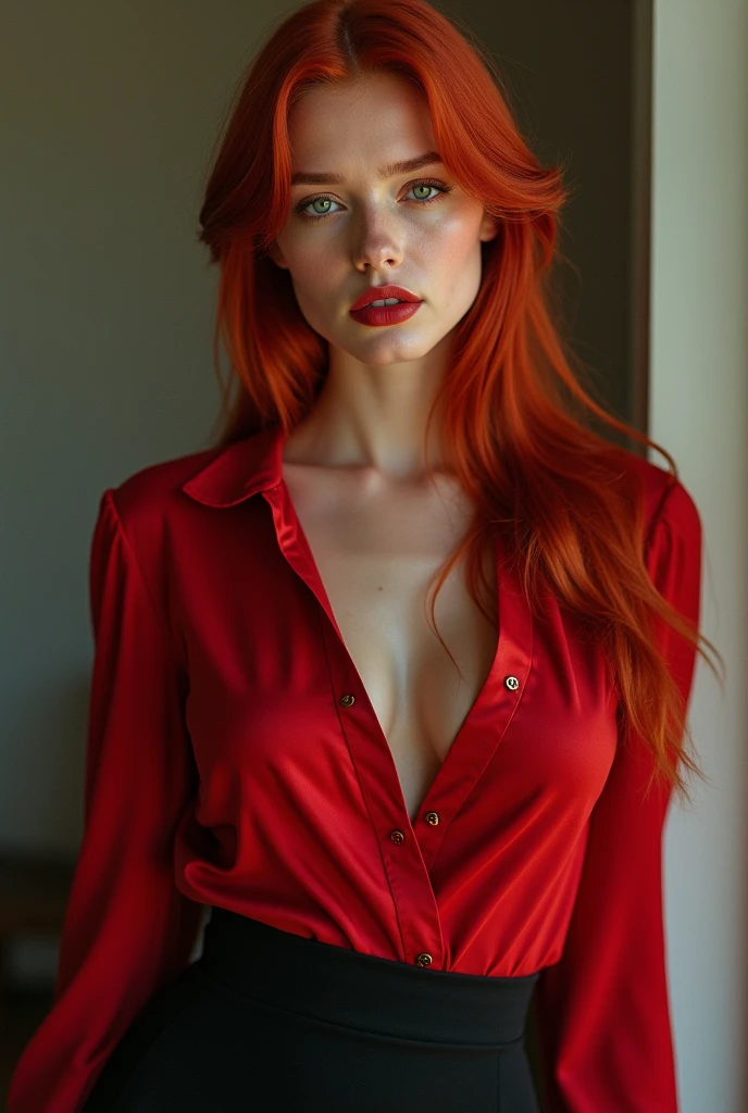 raw photo, (Sophie Turner), red hair, makeup, graphic eyeliner, rouge, (choker:0.9), realistic skin texture, oversize shirt, (red:0.8), softcore, warm lighting, cosy atmosphere, instagram style