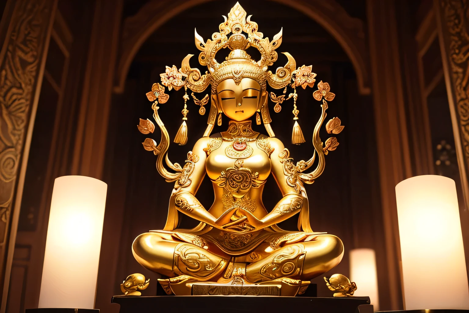 Ornate Golden Thousand Armed Kannon Statues, intricate decorations, multiple arms, , gentle expression, eyes closed, lotus position, Religious or Spiritual Themes, Majestic Temple Environment, Softly Illuminated , Warm Ambient Lighting, Rich Golden Tones, Calm and Reverent Atmosphere, slightly low angle perspective, Depth of Field Enhancing Sculptures, balanced exposure, Focused Shots Capturing Exquisite Craftsmanship