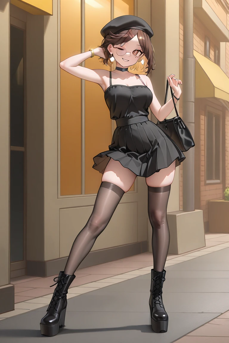 masterpiece, best quality, 1girl, lingerie, (thong: 1.2), nightie, outdoor, street, big, overdeveloped chest, naughty face, black tights, nakano miku, brown hair, hair between eyes