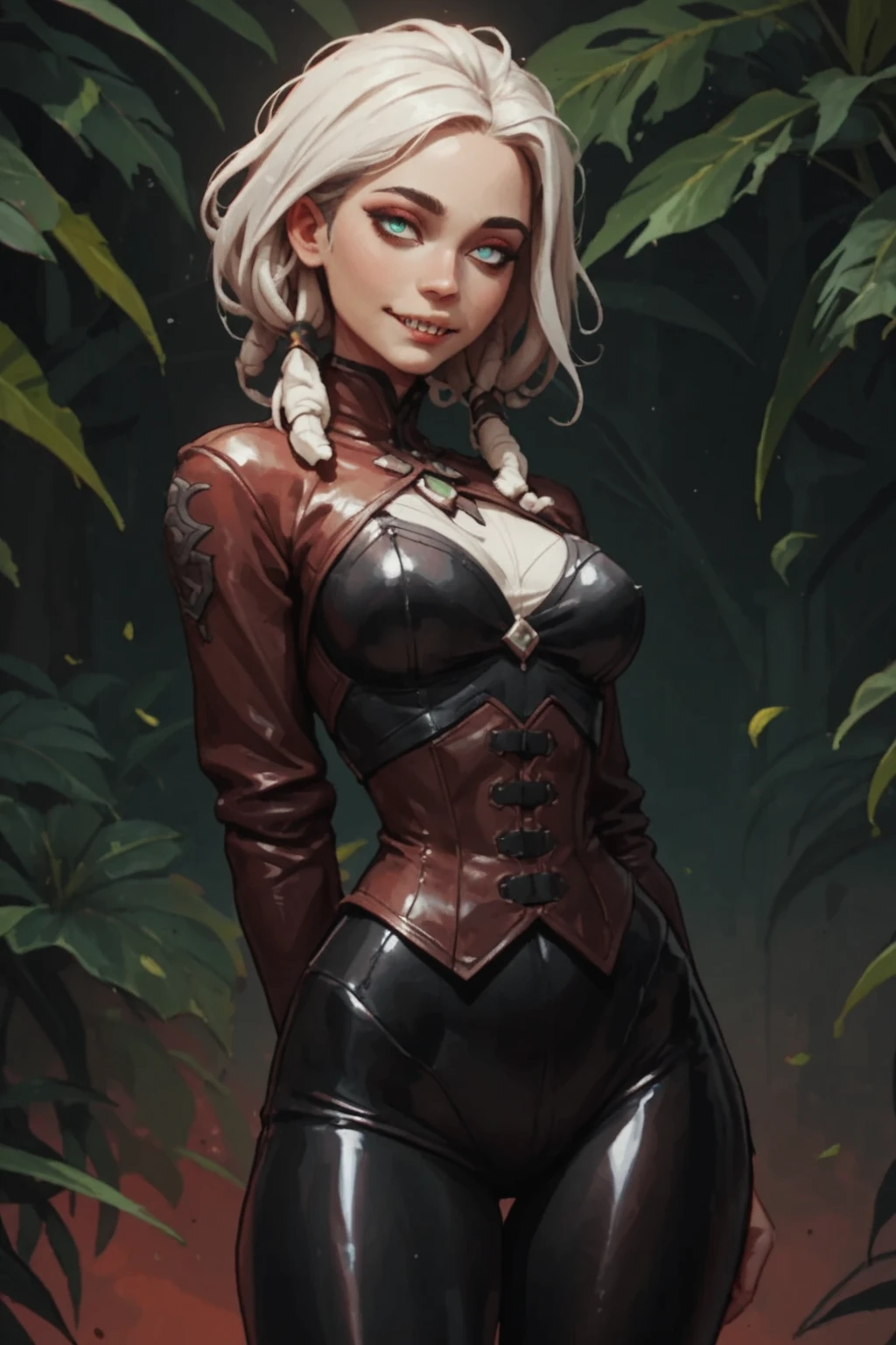 (masterpiece,best quality,edgQuality),full body,dark-skinned female,white hair,bob cut,blunt bangs,pink eyes,grin,edgChoco, woman wearing a dress made of chocolate ,wearing edgChoco  <lora:edgChocolatv1:1>