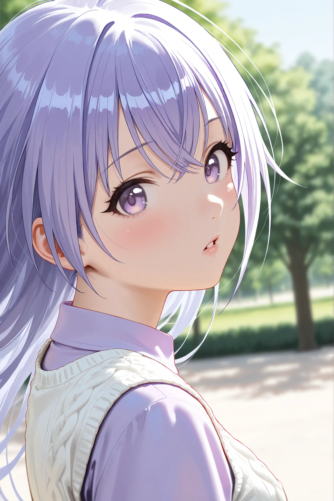 (Masterpiece), (Highest quality), (Very detailed), 
(The best shape), (Best Shadow), (Absurd), 
(Detailed background), (So beautiful), Shiny , 
Extraordinary, Countershading, 8k, 32K, High resolution, Beautiful eyes in every detail,
Very Detailed CG, UHD,

Score_9, Score_8_up, Score_7_up, Source_anime, 
(Pastel painting:1.2), (Watercolor painting:1.2),
(Masterpiece, Detailed:1.2), (Foreshortening:1.2),

Cinematic, Dramatic, (Depth of field:1.4),
(Blurry background:1.4), (Realistic background:1.4),
(Foreshortening:1.3),Dynamic angle, 1 girl,
Outdoor, Nature, Park, Wind,

Suzuki Hana,
The idolmaster shiny colors,
hana suzuki, purple hair, purple eyes, long hair,

(Casual wear:1.3),
vest, white vest, Wool knit vest,
(High neck shirt:1.1), light purple shirt, long sleeves shirt,

portrait, Focus on face, close up shot,
(Blush:1.3), parted lips, looking at viewer,
looking back,
Realistic skin, Shiny skin,