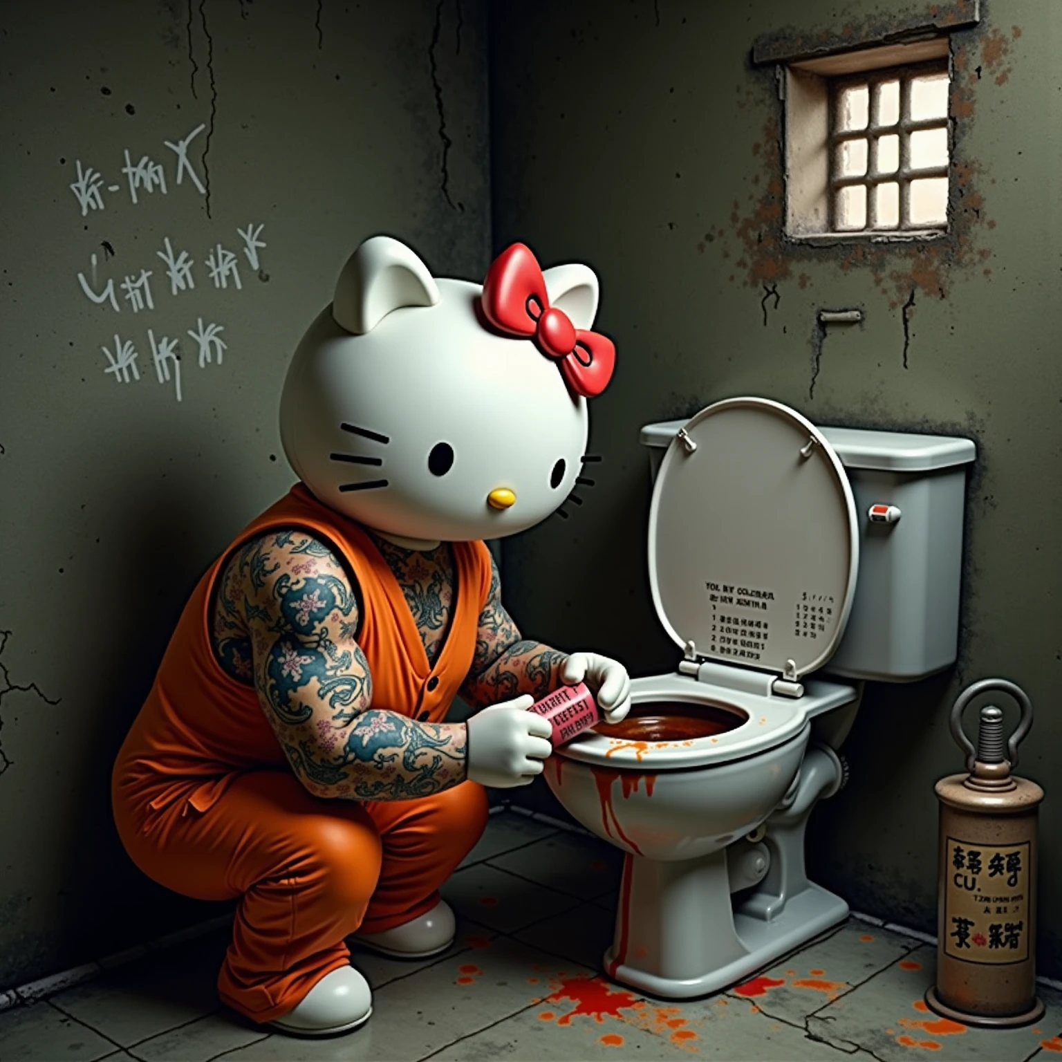 Hello Kitty character squatting by a toilet pouring liquid into it while graffiti and flower patterns subtly animate on the walls, medium camera smoothly tracking from the side, anime style with contrasting dark and playful tones. She drinks down her cup of toilet wine, the subtitle flashes 'time for fun' in adorable anime font, she turns her attention to viewer