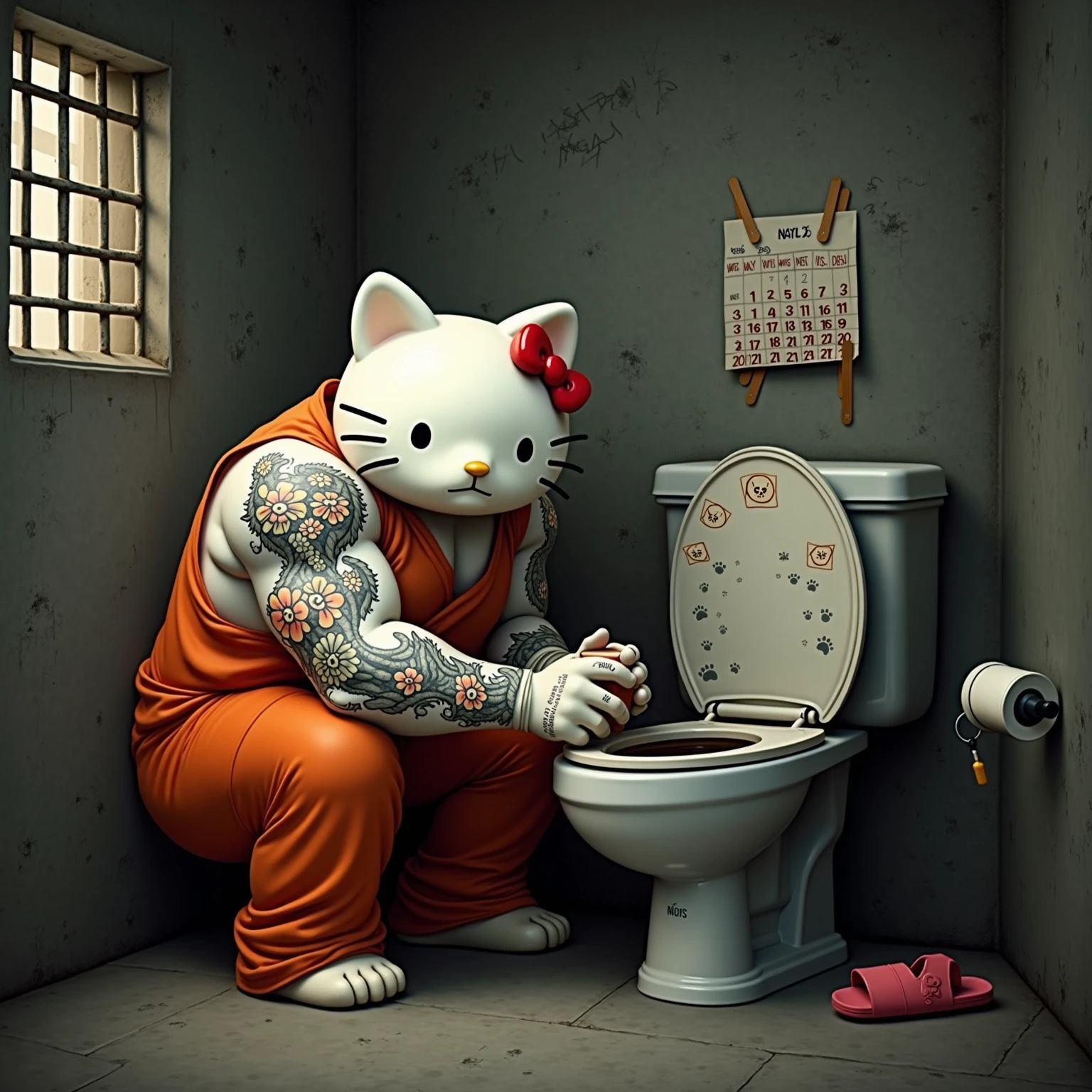 Hello Kitty character squatting by a toilet pouring liquid into it while graffiti and flower patterns subtly animate on the walls, medium camera smoothly tracking from the side, anime style with contrasting dark and playful tones. She drinks down her cup of toilet wine, the subtitle flashes 'time for fun' in adorable anime font, she turns her attention to viewer