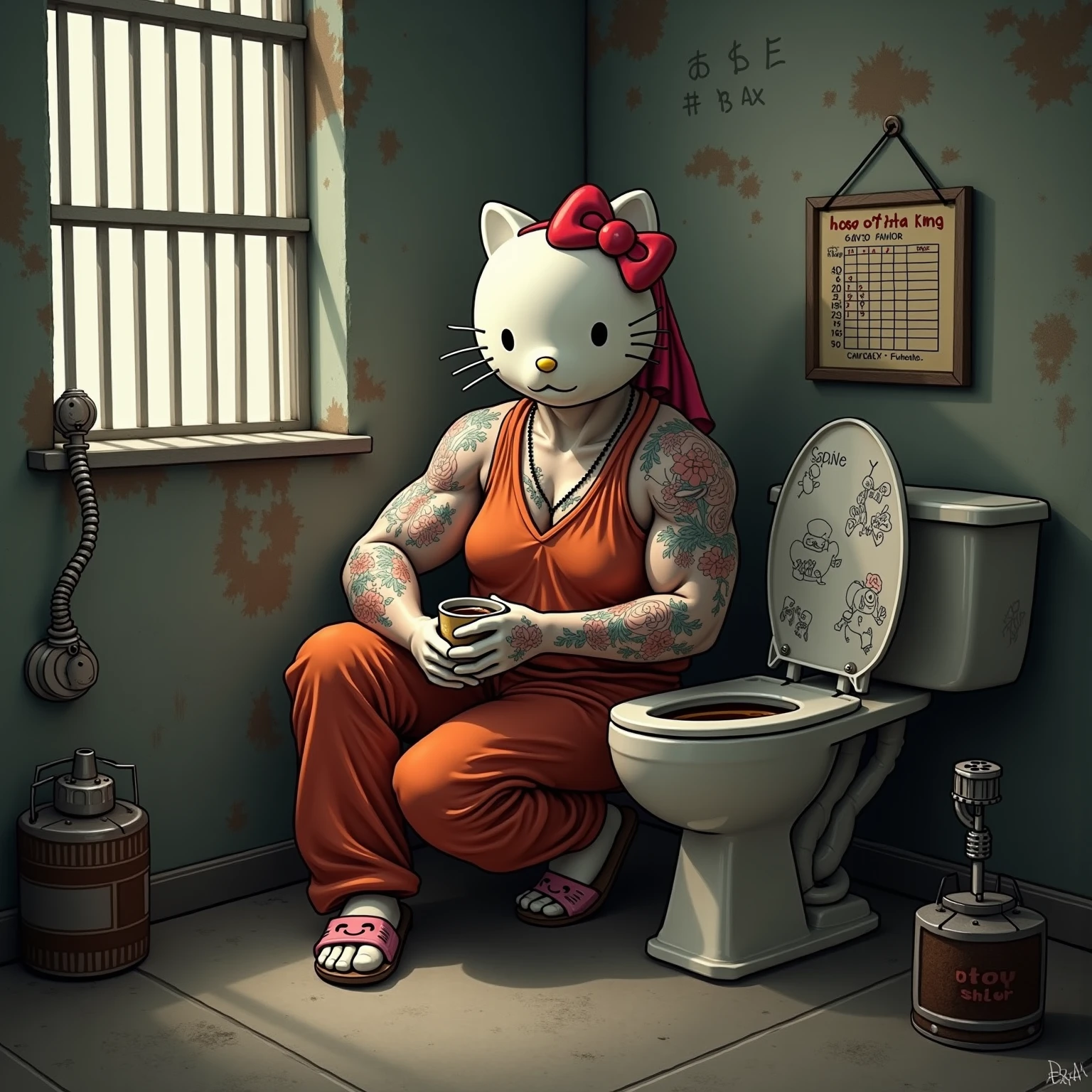 Hello Kitty character squatting by a toilet pouring liquid into it while graffiti and flower patterns subtly animate on the walls, medium camera smoothly tracking from the side, anime style with contrasting dark and playful tones. She drinks down her cup of toilet wine, the subtitle flashes 'time for fun' in adorable anime font, she turns her attention to viewer