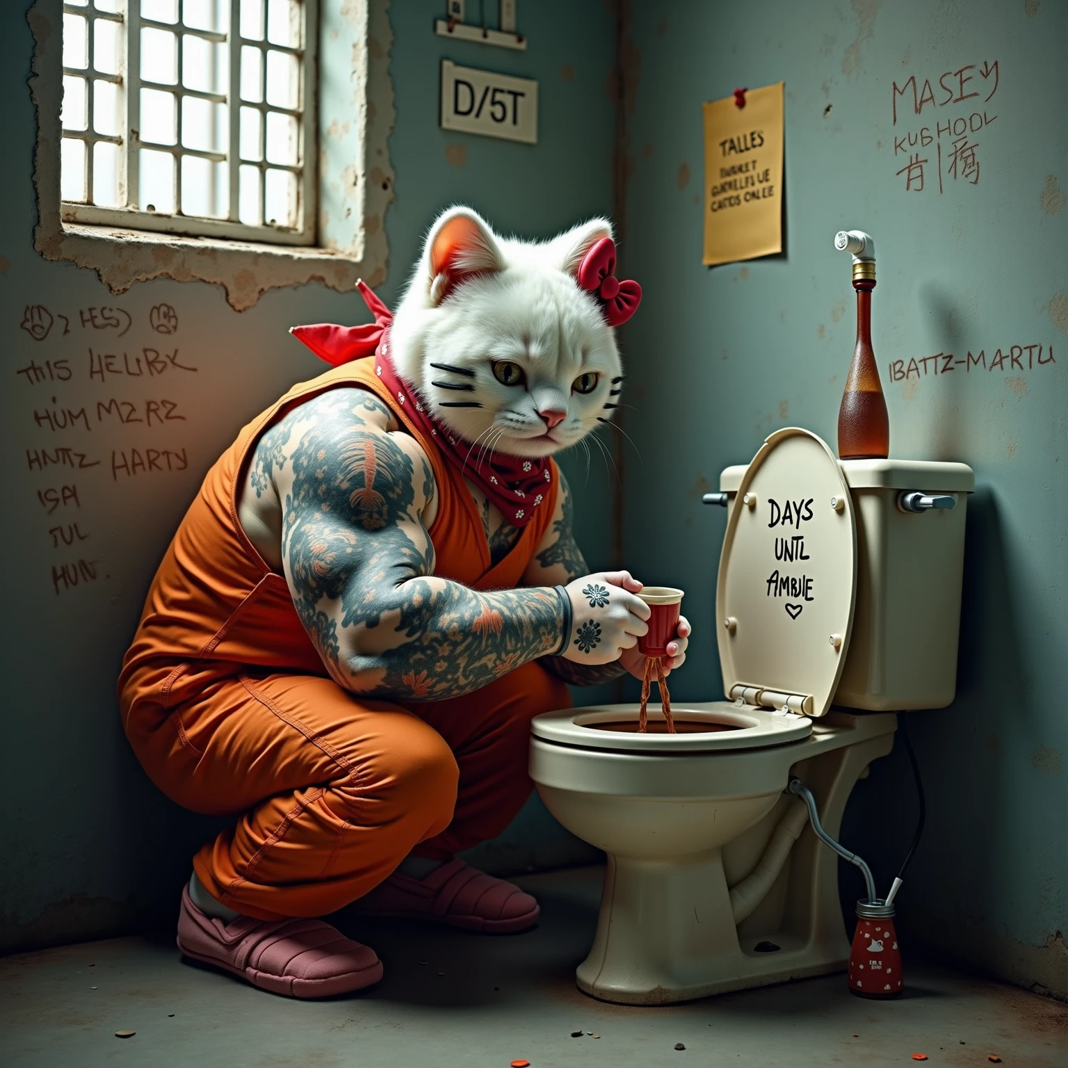 Hello Kitty character squatting by a toilet pouring liquid into it while graffiti and flower patterns subtly animate on the walls, medium camera smoothly tracking from the side, anime style with contrasting dark and playful tones. She drinks down her cup of toilet wine, the subtitle flashes 'time for fun' in adorable anime font, she turns her attention to viewer