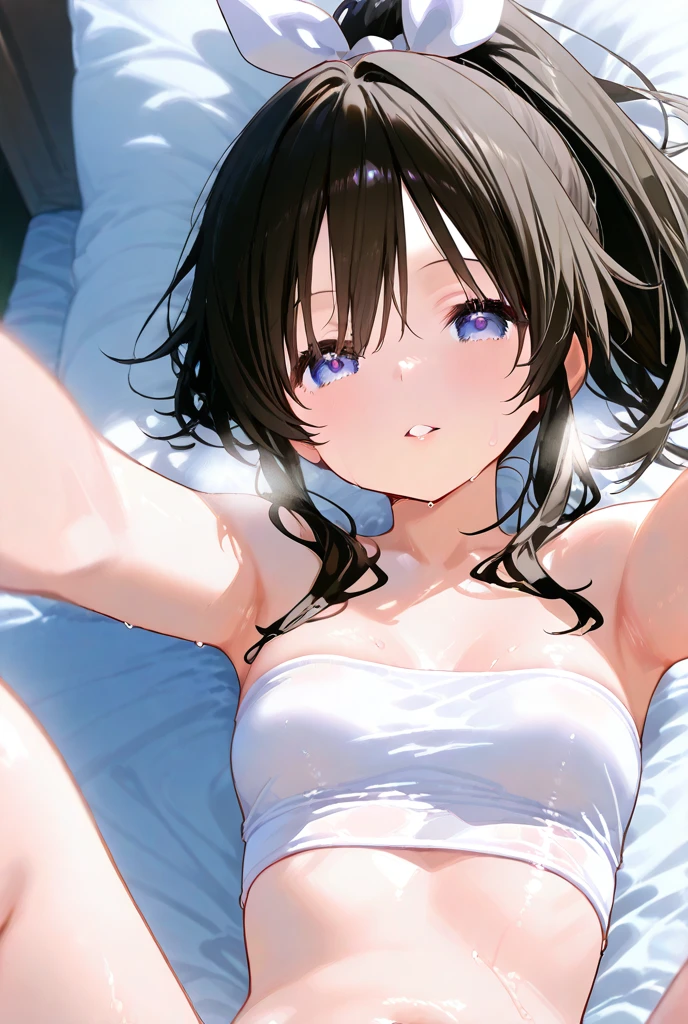  (masterpiece, best quality, high resolution), (kawaii, very big eyes, small face), blond hair, (star) hair ornament, extremely detailed CG unity 8k wallpaper, perfect lighting, extremely detailed, ultra-detailed, illustration, anime, perfect eyes, detailed eyes, perfect face, close-up, face, soft lighting, 1girl, 6yo, chubby, otl, tan, latex oily black slingshot swimsuit, low twin tail hair, lying, smile, black hair, open her legs, bedroom, on the bed, looking at viewer