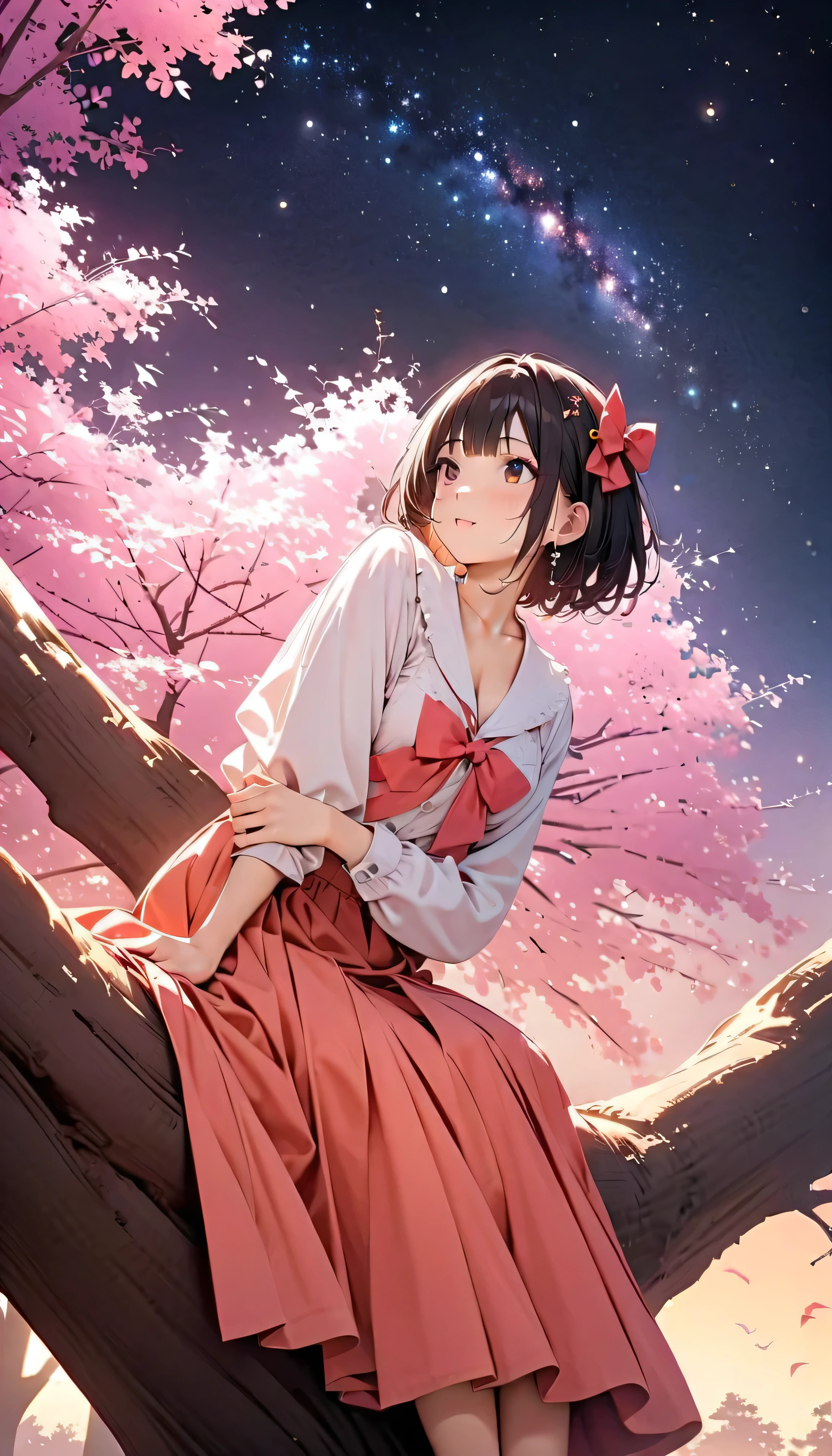 (Highest Quality:1.2, 非常にdetailsな, newest, Highest Quality, Best Aesthetics), 8K Ultra HD, 非常にdetailsな, details, Bold composition, (perfect human structure), beautiful and very delicate texture, delicate and dynamic, romantic and sweet style, concept art style, 非常に複雑なdetails, the contrast between light and dark is clear, Structured, fantastic night,  light gradation , Vivid and gentle colors, An old tree, Fantastic starry sky, backlit, One nice girl, 非常にdetailsな目と顔, Dark Eyes,  smooth skin texture , shiny skin, kind expression, Girl sitting on a tree branch, smiles, black hair,  young, short,  light clothing, 2.5d, realistic, looks up at the night sky, angle from below