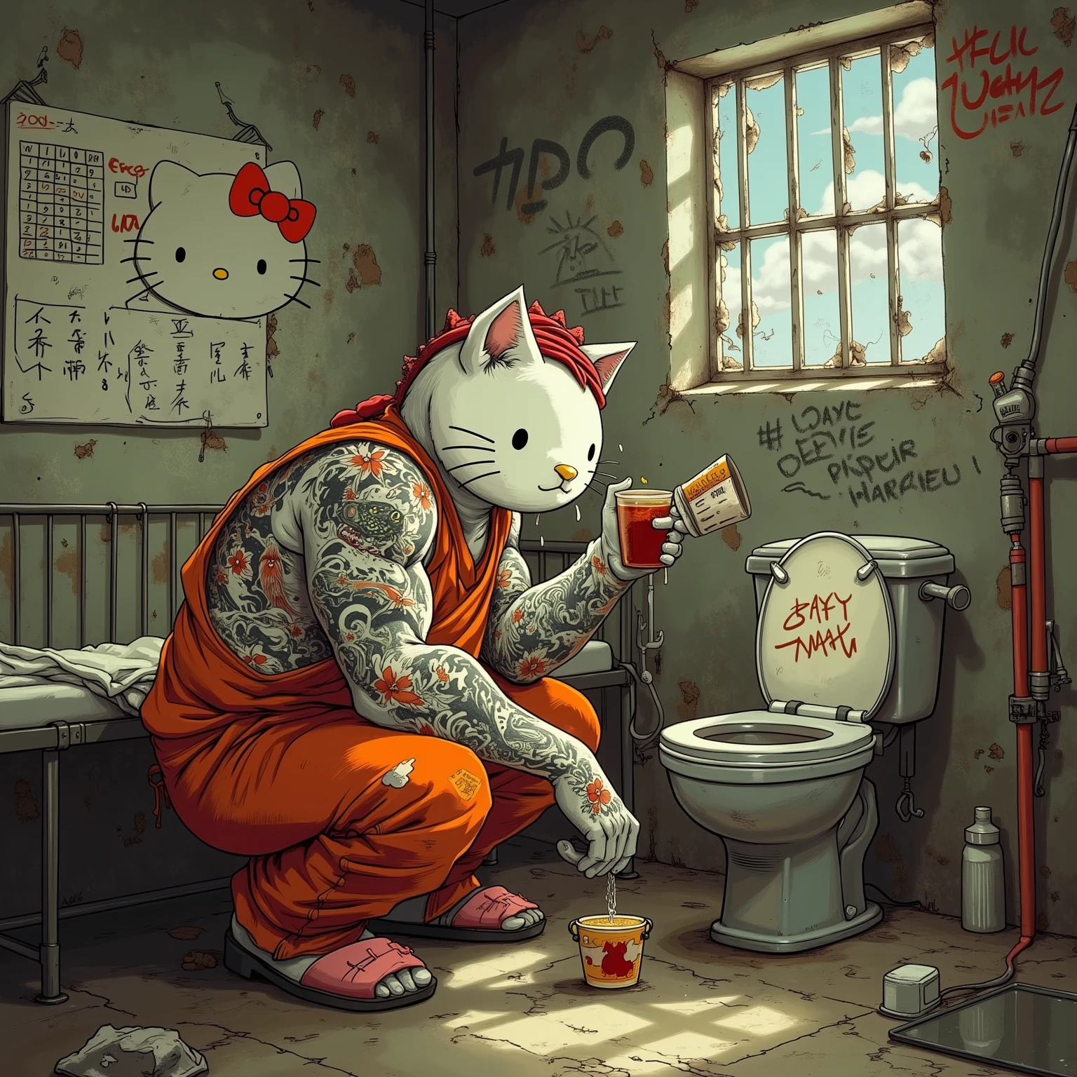 Hello Kitty character squatting by a toilet pouring liquid into it while graffiti and flower patterns subtly animate on the walls, medium camera smoothly tracking from the side, anime style with contrasting dark and playful tones. She drinks down her cup of toilet wine, the subtitle flashes 'time for fun' in adorable anime font, she turns her attention to viewer