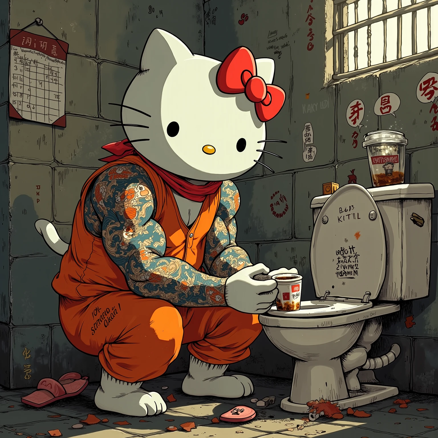 Hello Kitty character squatting by a toilet pouring liquid into it while graffiti and flower patterns subtly animate on the walls, medium camera smoothly tracking from the side, anime style with contrasting dark and playful tones. She drinks down her cup of toilet wine, the subtitle flashes 'time for fun' in adorable anime font, she turns her attention to viewer