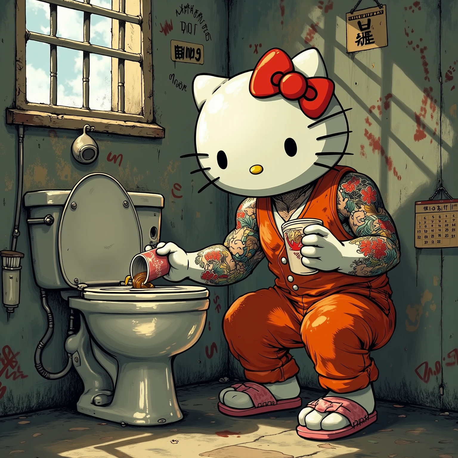 Hello Kitty character squatting by a toilet pouring liquid into it while graffiti and flower patterns subtly animate on the walls, medium camera smoothly tracking from the side, anime style with contrasting dark and playful tones. She drinks down her cup of toilet wine, the subtitle flashes 'time for fun' in adorable anime font, she turns her attention to viewer
