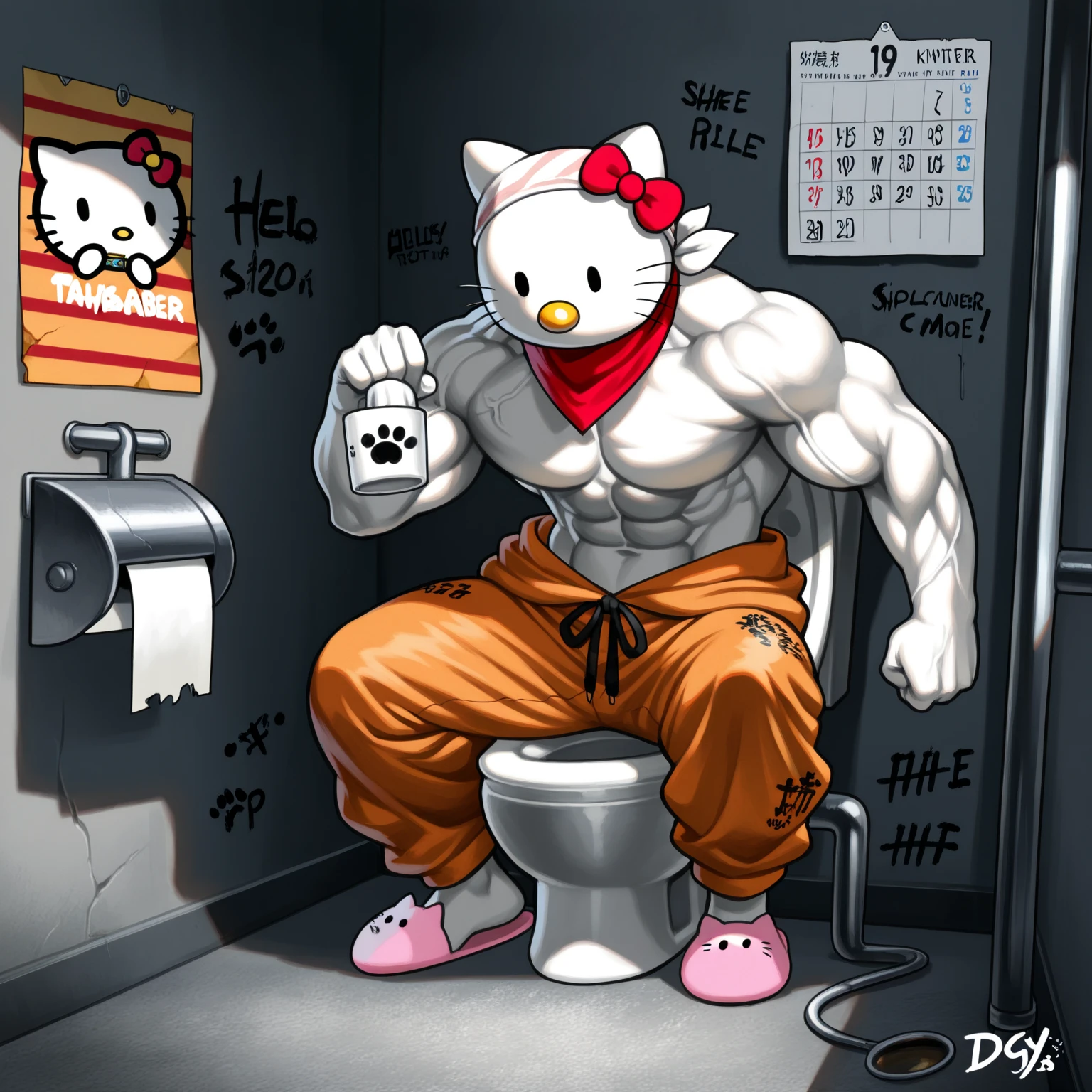 Hello Kitty character squatting by a toilet pouring liquid into it while graffiti and flower patterns subtly animate on the walls, medium camera smoothly tracking from the side, anime style with contrasting dark and playful tones. She drinks down her cup of toilet wine, the subtitle flashes 'time for fun' in adorable anime font, she turns her attention to viewer