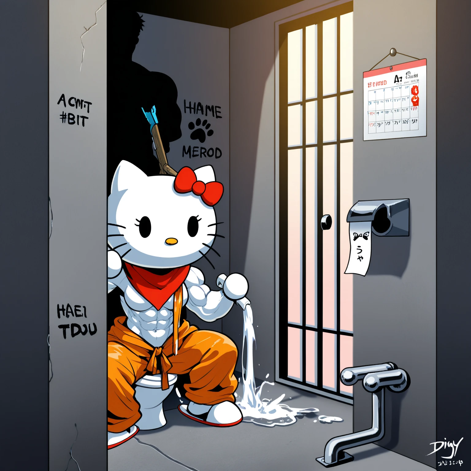 Hello Kitty character squatting by a toilet pouring liquid into it while graffiti and flower patterns subtly animate on the walls, medium camera smoothly tracking from the side, anime style with contrasting dark and playful tones. She drinks down her cup of toilet wine, the subtitle flashes 'time for fun' in adorable anime font, she turns her attention to viewer