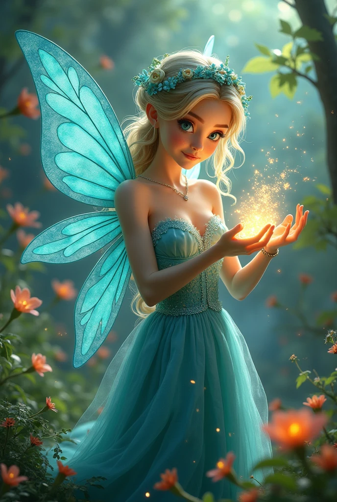 A young girl with brown hair in a blue dress, smiling and posing closely with a tiny fairy, set in an enchanted forest with glowing flowers