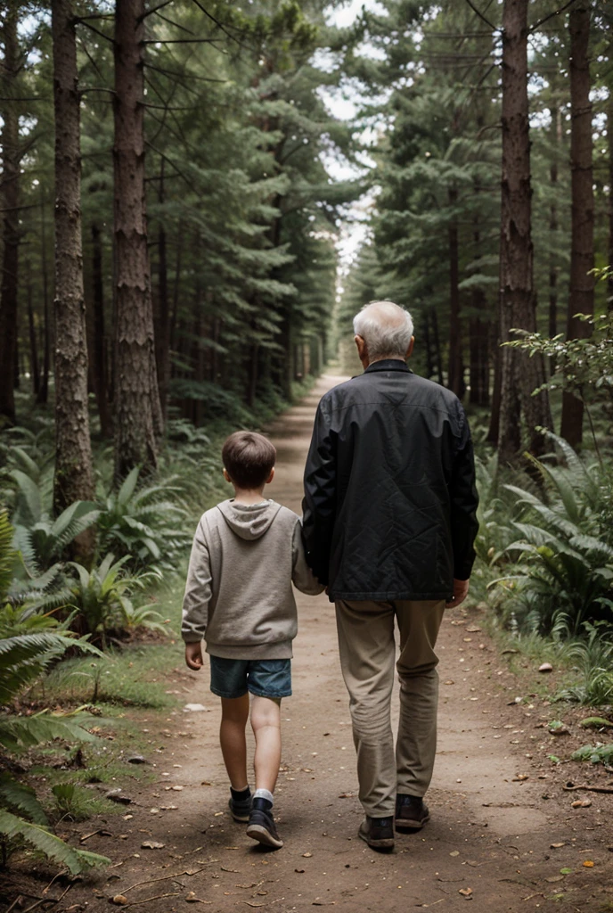 A grandfather talking to his 5-year-old grandson place with trees --auto