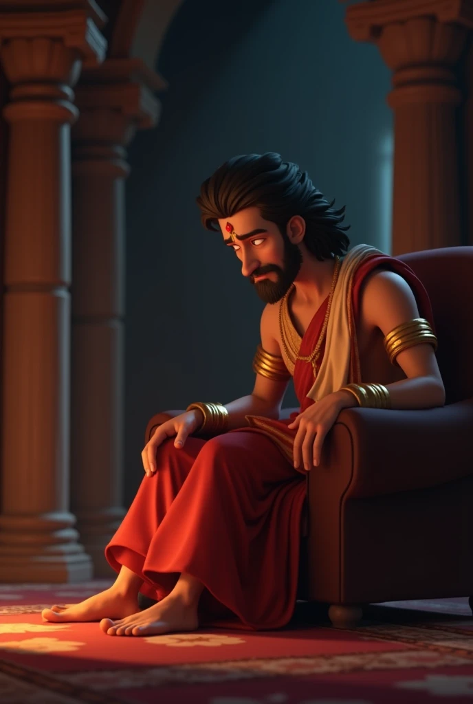 In cinematic 3D cartoon style"Bharat standing solemnly in a palace hall, holding Rama’s sandals with reverence. The room is richly decorated, emphasizing the royal setting of Ayodhya. Bharat is dressed in traditional royal attire, with a look of devotion and resolve.
Bharat’s Dedication:"