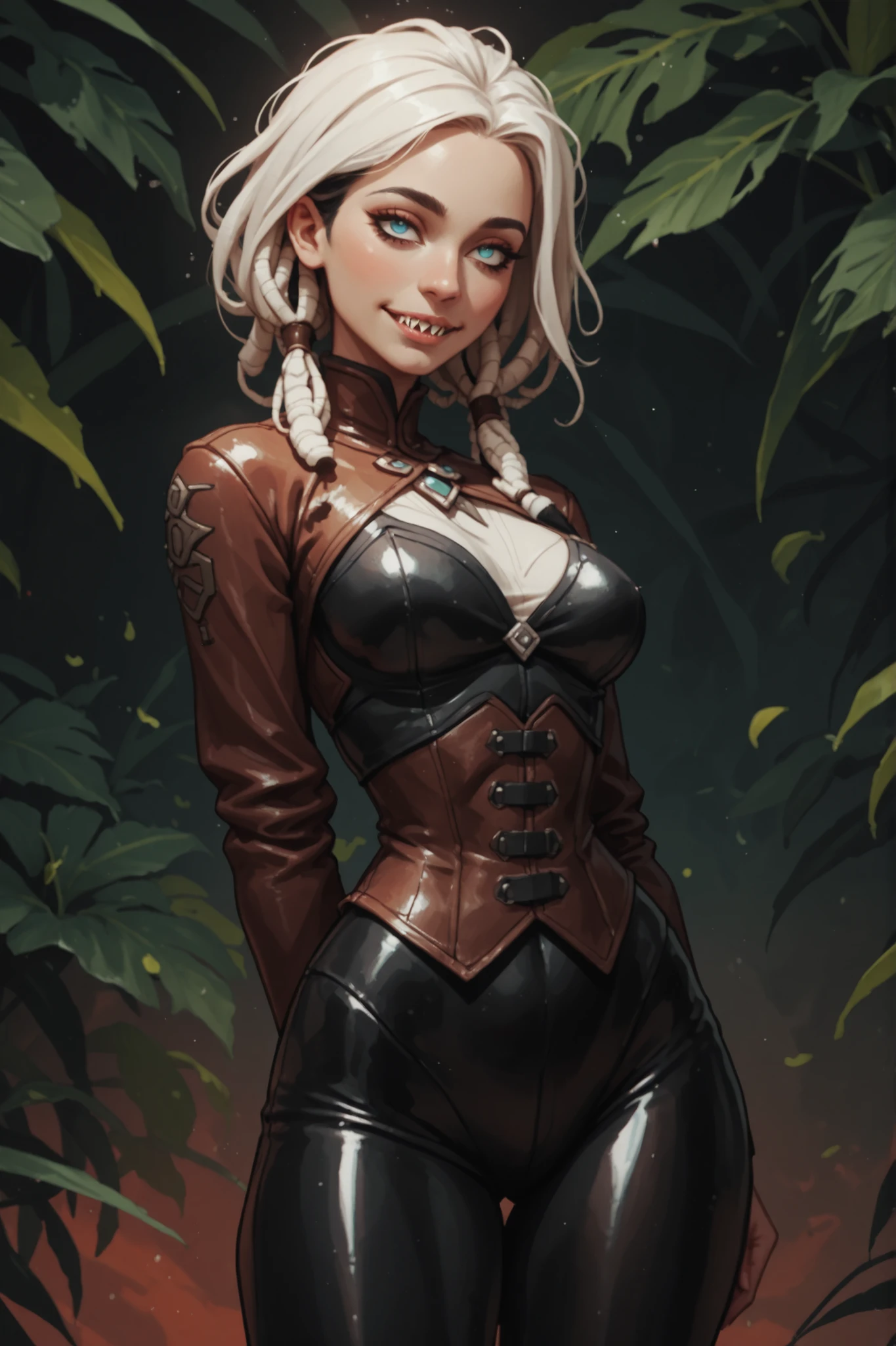 Meisterwerk, hd , great quality, very aesthetic, absurd, high contrast , high color palette , light glare ,neueste,2.5D,volumetric lighting, Sweet, jung, 1 girl, asiatisch, Mongol girl, round face, slanted eyes, big eyes, asian girl, rote Augen, Asian eyes, B-Cup, soft abs, rote Augen, beautiful lips, Albino, leather clothing, fair-skinned, white and black hair-colour, ATHLETIC BODY, aztekisch, leather clothing, attentive, small smile, looks at the viewer, Dreadlocks, sharp teeth, Hintergrund: jungle and Aztec ruins, looks at the viewer, looks like a young Jennifer Lawrence