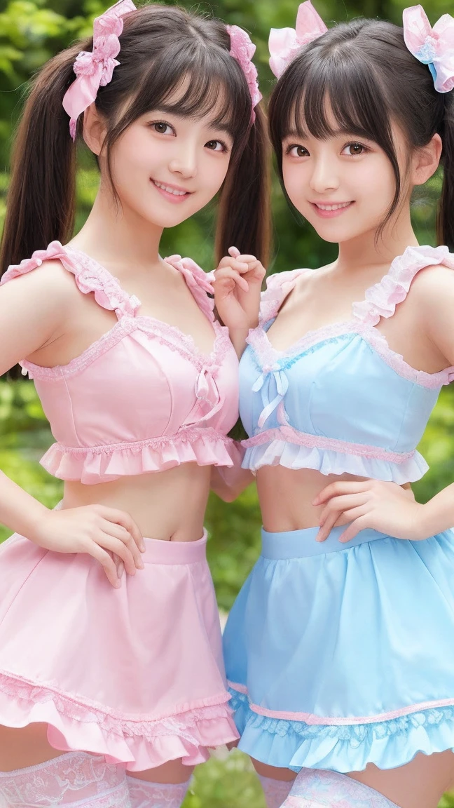 two girls、fun atmosphere, beautiful and fine eyes, cute hairstyles, Vivid costumes, pose playfully, wood々sunlight shining through the gap, soft shadow, Bright colors, lively look, zora々energy, laughter and giggles, delicate flowers,、friendship and bond, capture happy moments, Moderate: Top quality digital illustrations, High resolution), super detailed, realistic, Vibrant color palette, Natural light、light colored room wear