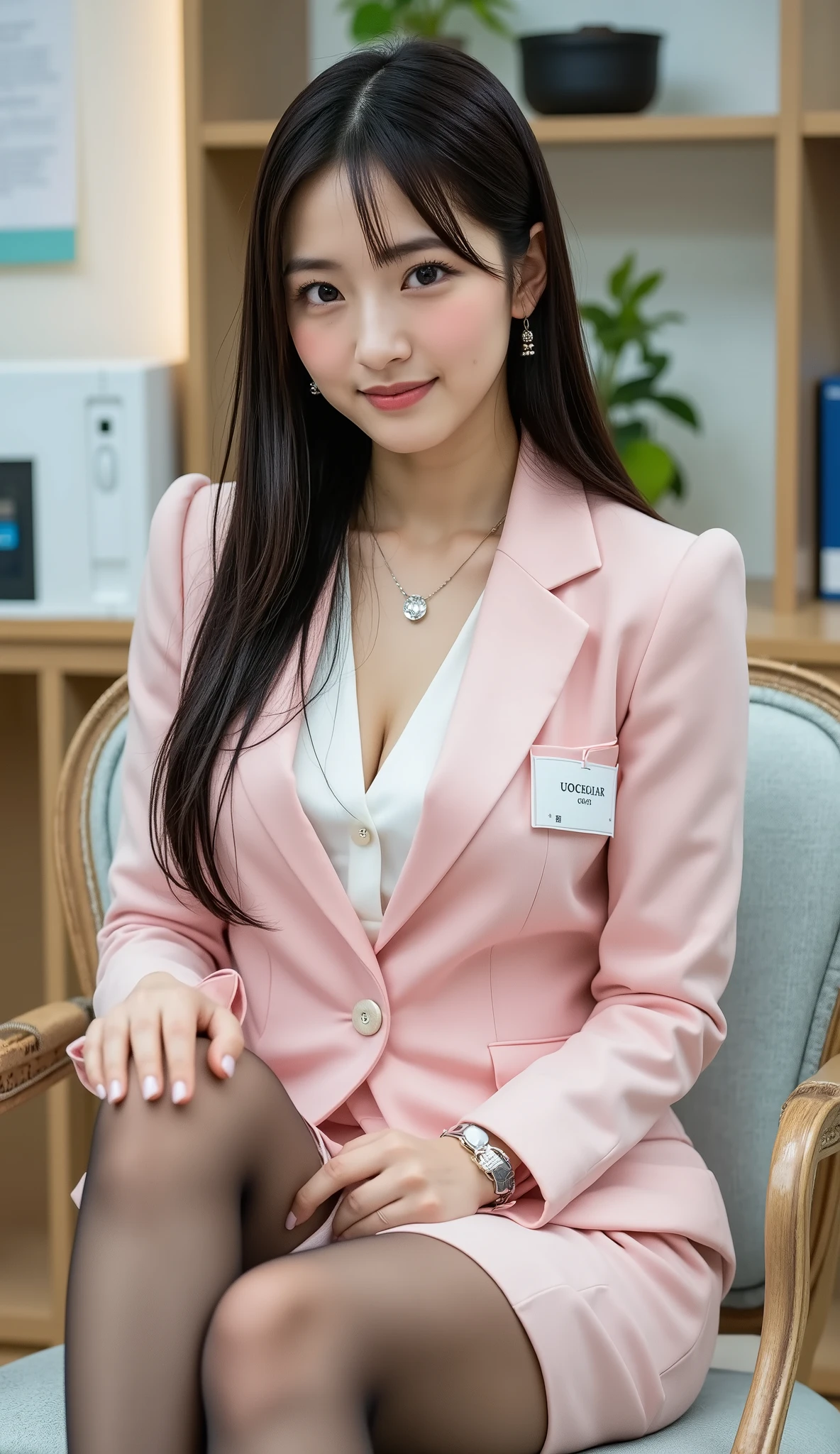 Highest Quality, (((full body shot))), (((From the top of her head to the tips of her feet ))), Sleek long black hair , Professional Office Lady with Long Dark Hair,  is sitting in a chair with her legs crossed, The height of the chair is 60cm, detailed eye and skin textures, studio lighting, 30 years old,     dark eyes, elegant, medium chest, plump lips, earrings, necklace, pale pink tight suit, white blouse, miniskirt, brown pantyhose, high heels, name tag, long sleeve,  slight motion blur , light motion blur, side profile view, Focused Expression, full body