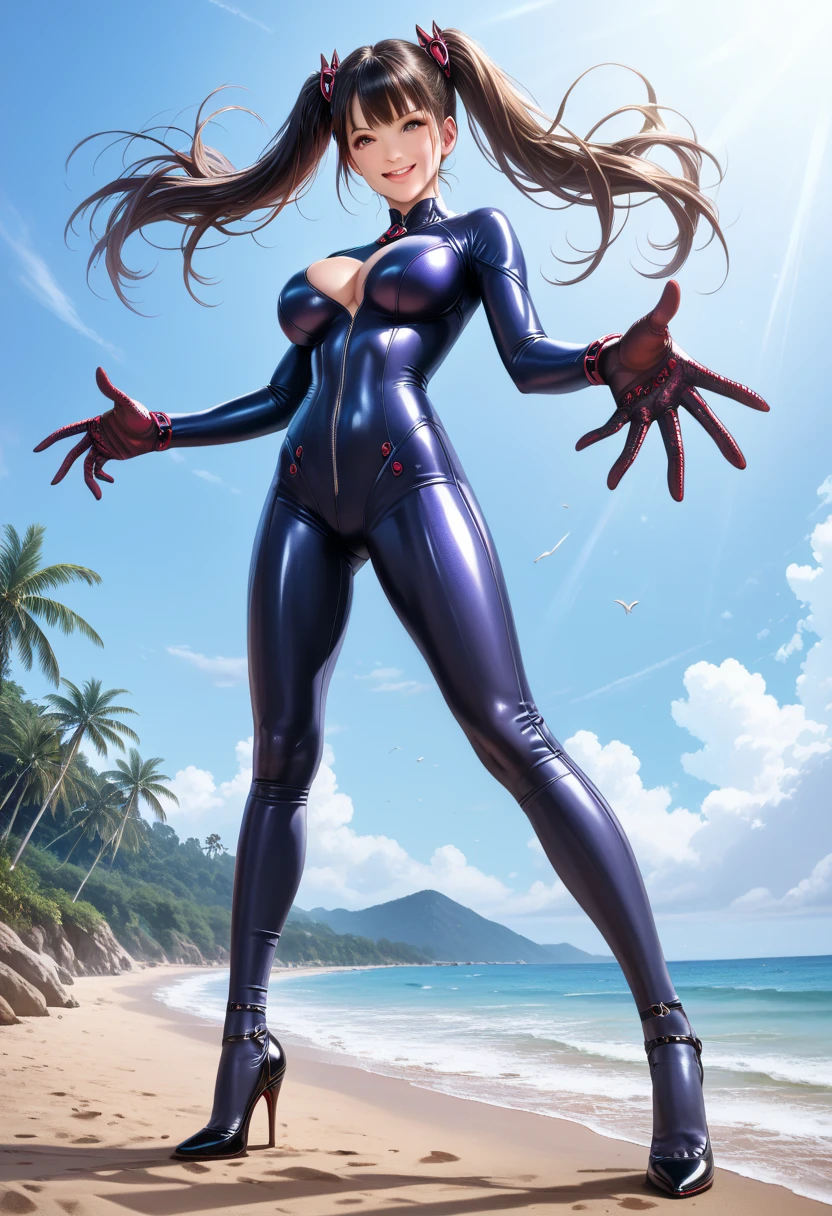 spiderman style, marvel, Beautiful woman, mercenary, heroic, , sitting cross-legged, wet beachwear, long breasts, detailed realistic cyberpunk style, black hair, masterpiece, extreme quality, perfect eyes, perfect body, perfect face, cinematic light, digital drawing, neckline, large breasts, 1girl only, 2 legs only, two arms, perfect body, mature female, soft, perfect and detailed hands, firing your gun, detailed background, thick eyelashes, makeup, eyeshadow, curvy, inside a ship
