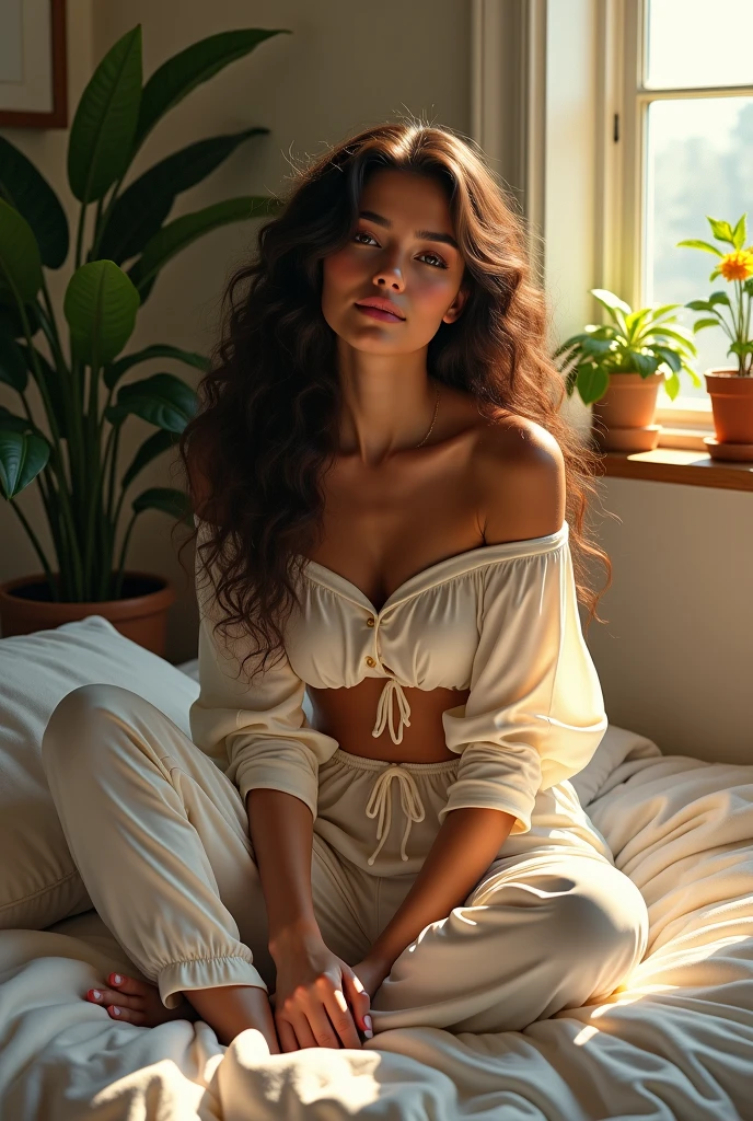 (photorealism:1.2), beautiful woman, sitting on bed, wearing loose off-shoulder top, pajama pants, long curly hair, indoors, soft lighting, plants in background, window with sunlight, cozy room, relaxed pose, realistic, intricate details, warm colors, by Greg Rutkowski, by Alphonse Mucha