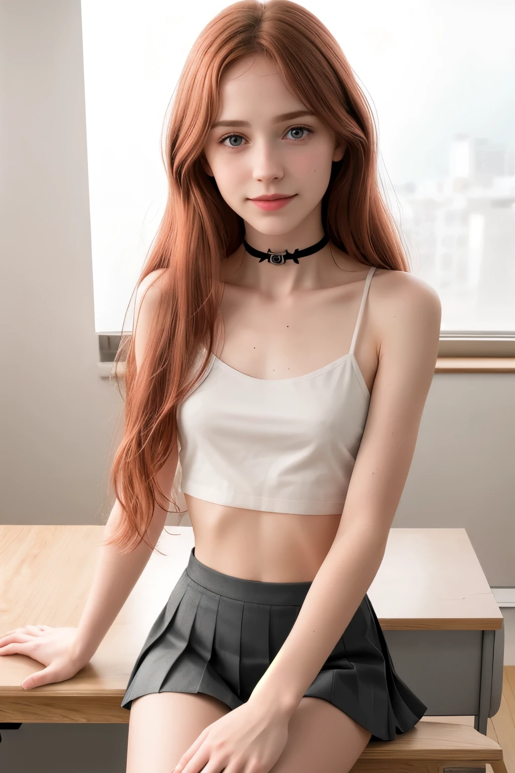 RAW photo,( skinny redhead girl:1.2), wearing a sheer collar school shirt and pleated skirt, in a classroom, (best quality, high quality), hyperdetailed, highres, high detail, intricate detail, HDR, 8k, sharp focus, detailed background, perfect hands, realistic eyes, detailed skin texture, (blush:0.5), (goosebumps:0.5), subsurface scattering, 16K, ultra high res. photorealistic, HDR, UHD, DSLR, RAW, cinematic lighting, dimples on the cheeks , blush, graphic eyeliner , rouge, ( lipstick:0.6), (choker:0.9), Realistic skin texture , (red:0.8), warm lighting , cozy atmosphere, instagram style, Not suitable for work , naive, shy, , delgado, fit, beautiful, beautiful, pale skin, Photorealistic, skinny bodie, smiling happily, very long red hair with hair ties. (toned arms:1.1) Beautiful detailed face, small tit, thin girls, thin girl, skinny girl.