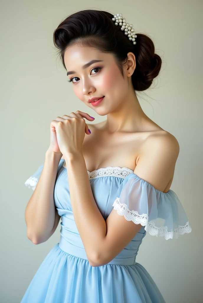 (Light Blue Strapless Dress), adorable, 1 girl, (face to face), 10 years old, baby face, happy, half body portrait, (face details: 1), (eye details:1), ((big breasts)). wearing transparent transparency long shirt, .. Cute posed. proportional body. Ultra High Res. realistic: 1.4, UHD, poke a bun Hairstyle , lace 