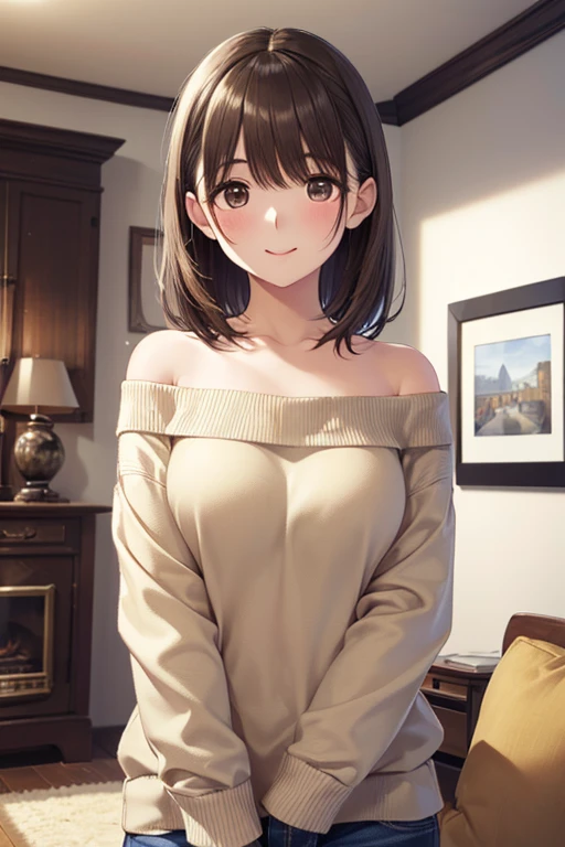 ((best quality)), ((masterpiece)), (detailed), 1girl, off-shoulder sweater,