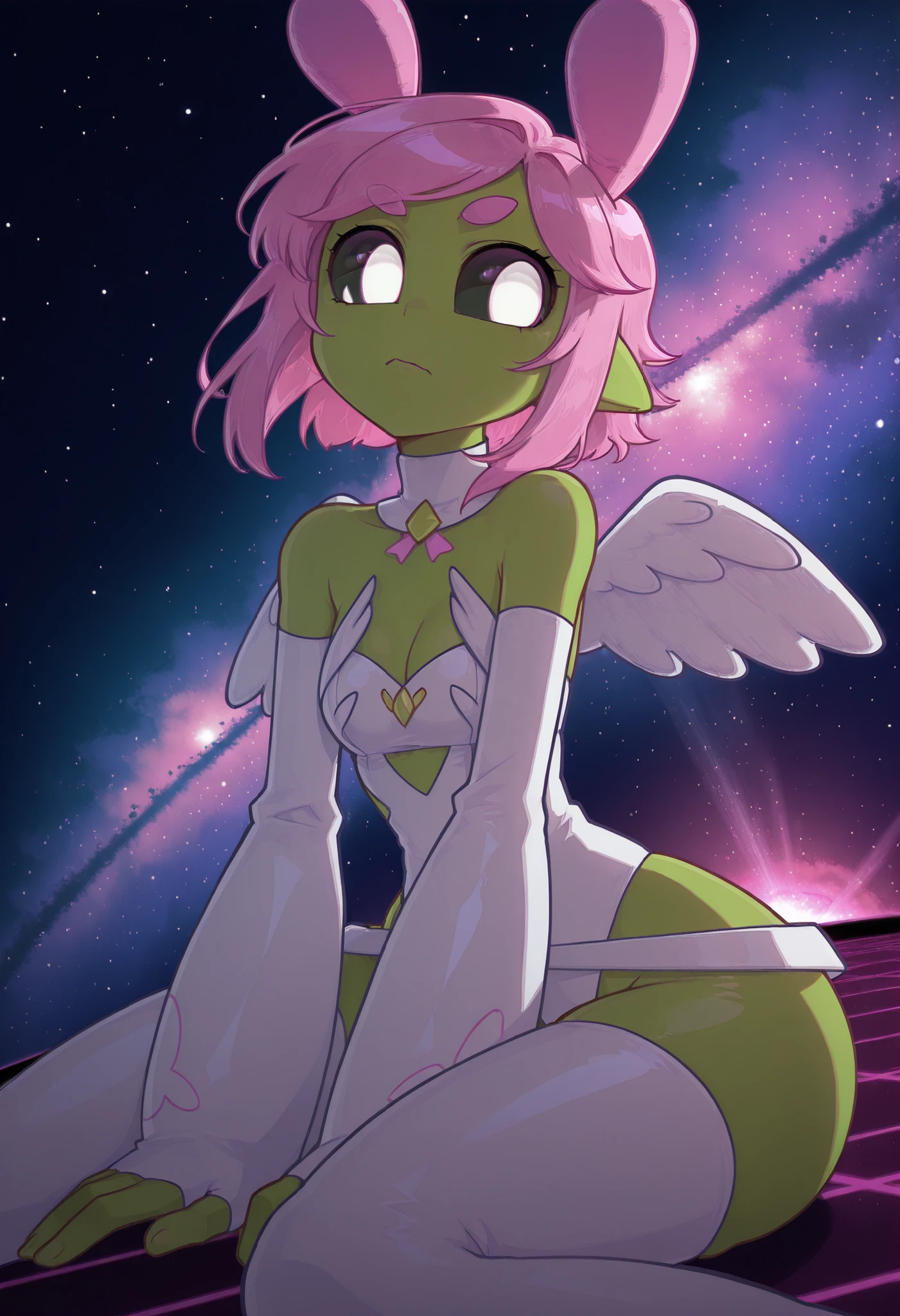 Dynamic angle, sploot,1girl,colored_sclera,white eyes,alien,antennae, space, nebula, Sierin-vkstickrs, bright pink hair, pink eyes, white outfit, white wings