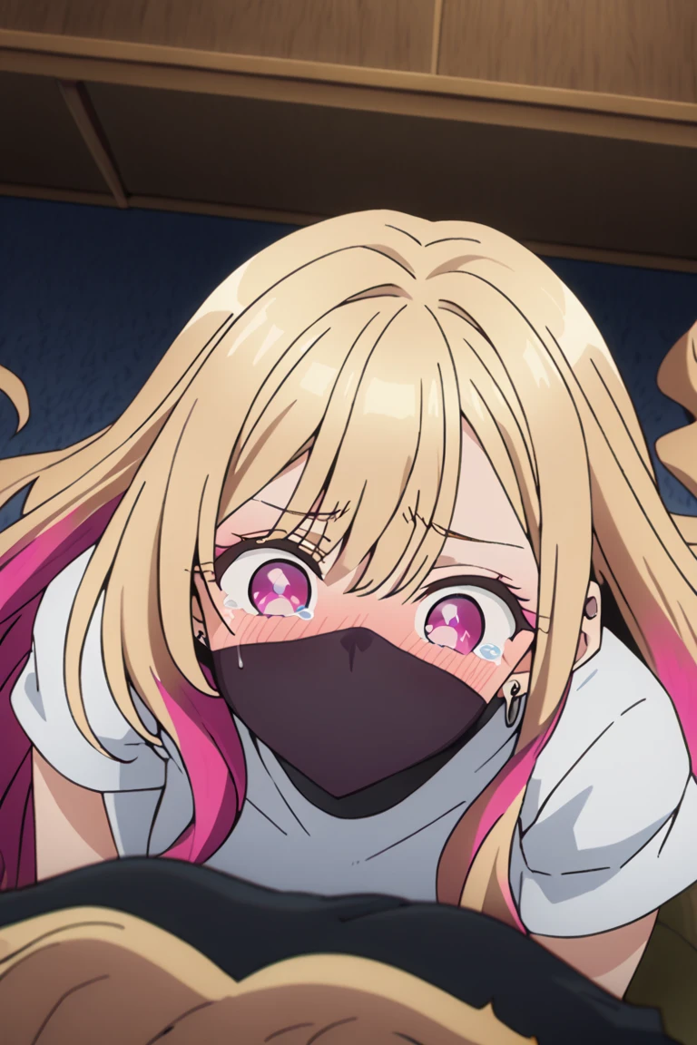 1girl, female gojo satoru, anime screencap from jujutsu kaisen, gojo satoru female version, solo, long_hair, ((wearing black blindfold)) ((silver_hair)), (hanging breasts) upper_body, smile, lips, (long hair) ((wearing white colour sweater)) breast, "very detailed and high resolution" (black blindfold) ((solo)) (((front view))) (earings) ((high resolution)) ((good quality)) ((silky hair))