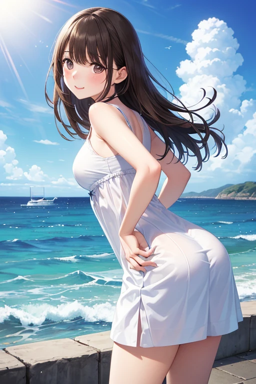 1girl, woman wearing white tank top, sun hat, tight midi pencil skirt (black), long length pencil skirt, black pencil skirt, long brown hair, looking at viewer, full body, walking on the beach barefoot, smile, blush, beach, summer, ocean, ocean waves, large bust