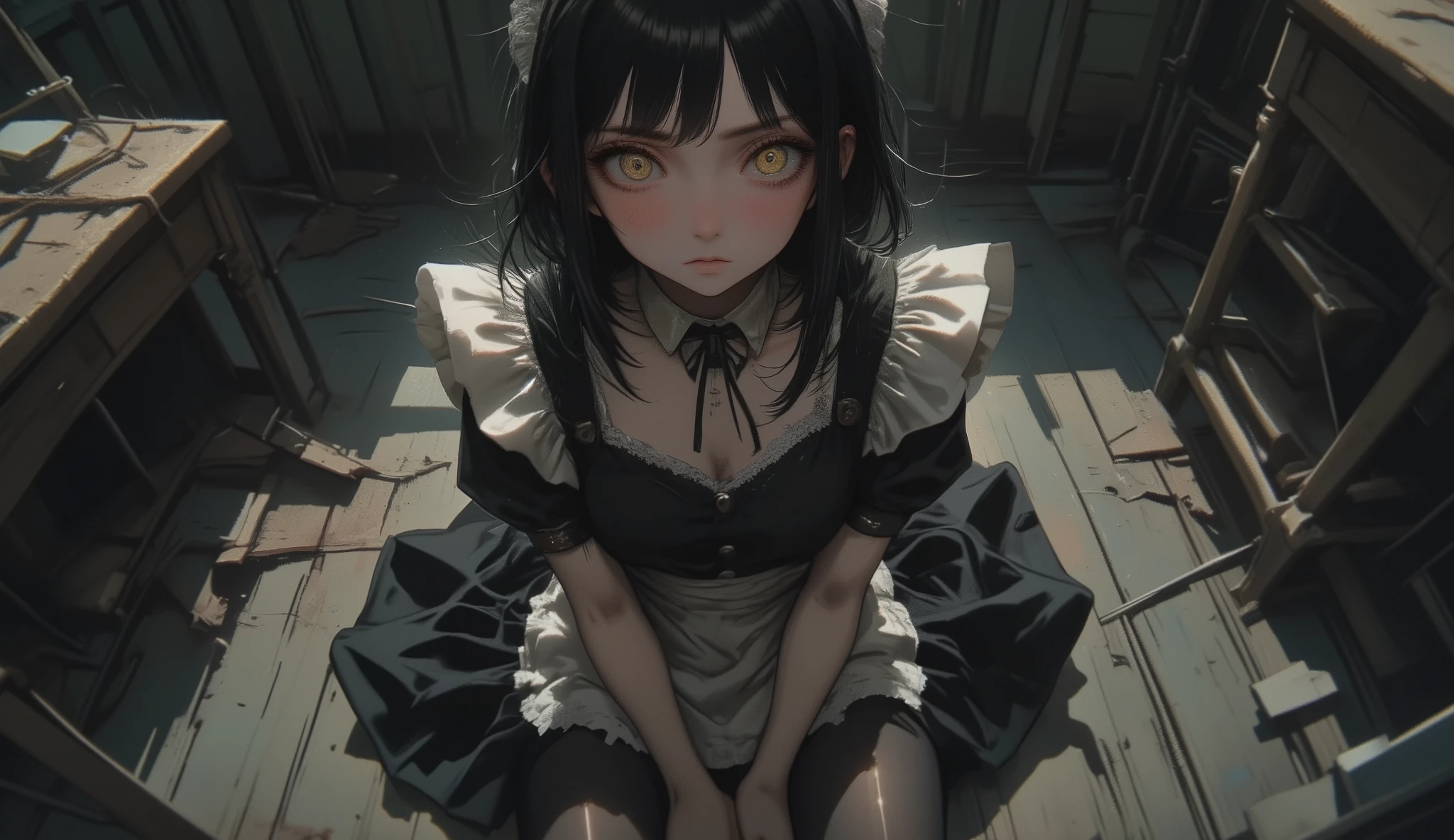 1 girl、nude , pov , pov騎乗位 , crouching , Key Link ,, in Kura , , sweat , from the front , ( One Girl , alone , hypnosis , @_@ , Empty_eye blank_stage , spiral_eye , Detailed Girls , 20 year old girl ) , ( hollow eye , was brainwashed , hypnosis) , from below , trembles , , ,naked, Highest quality, masterpiece, Super Detail, high detail, High Quality, I arranged the , short hair, A single, shy yet beautiful girl with long, sleek black hair and striking yellow eyes, staring directly into the camera with an intense yet reserved expression. She wears a classic black maid outfit with delicate lace details, a frilly apron, and a modest yet elegant design. Her legs are covered in sheer black tights, adding to her refined yet melancholic aesthetic. Dark circles under her eyes reveal her exhaustion, giving her a vulnerable and fragile look. The dimly lit background enhances her mysterious and introverted presence, with soft lighting casting subtle shadows on her pale skin. The overall atmosphere is quiet, melancholic, and introspective, capturing the essence of a withdrawn yet captivating beauty.