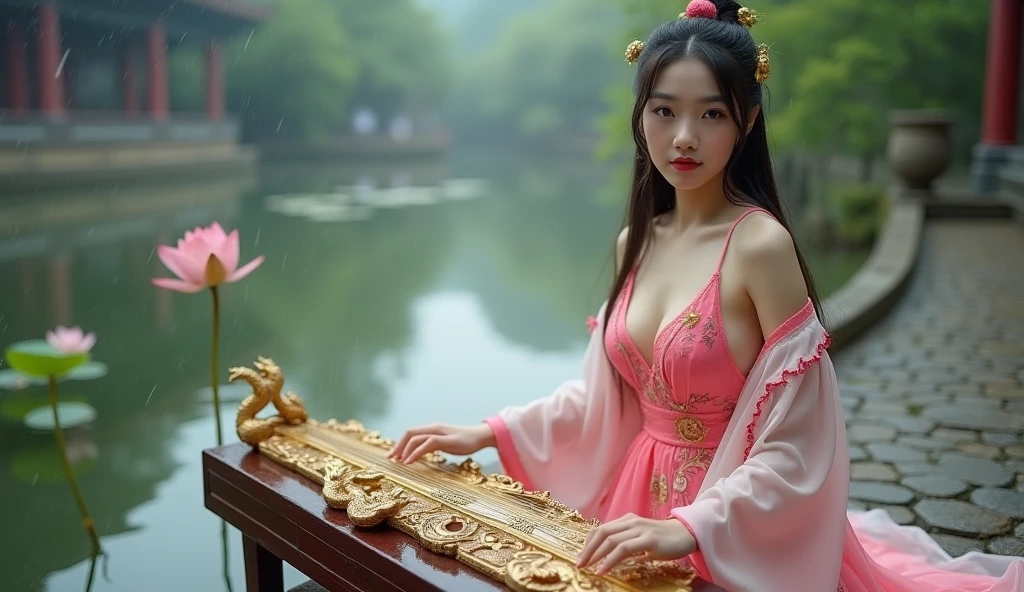 Best quality, masterpiece, high resolution, 1girl inthe forest, full body, ancient Chinese red dress with zipper, beautiful face, ancient Chinese clothing with zipper, cleavage, cleavage the zipper, mini skirt with sexy cleavage, bowknot without the original picture, elegant, noble, crown, thin leg, fairy, hair accessory, solo, looking at viewer, smiling, shut up, lips, dress, hair accessory, necklace, jewelry, long hair, earrings, architecture, east asian architecture