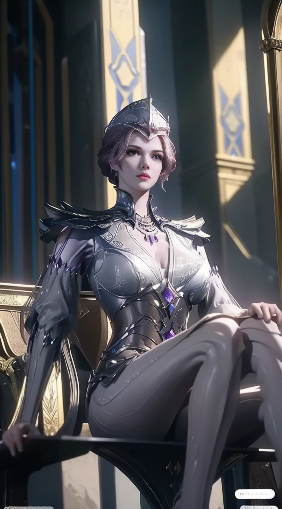 1girll， 独奏， tmasterpiece， CG， 8K， RAW photogr， pic， simple backgound， （looking at the camera in：1.2）， Cowboy shooting， standing on your feet， posing on a， Hyper detailed skin， （Super detailed face：1.2）， （Pink iris：1.3）， eyeslashes， Black eyeliner， black eyeshadows， tiara crown， braidedhair， Tattoo on the forehead， short detailed hair， Golden hair， pony tails， beaturiful body， detailed outfits， long  skirt， High slit， Separate the sleeves，big cleavage breasts， white stockings， kneeboots，