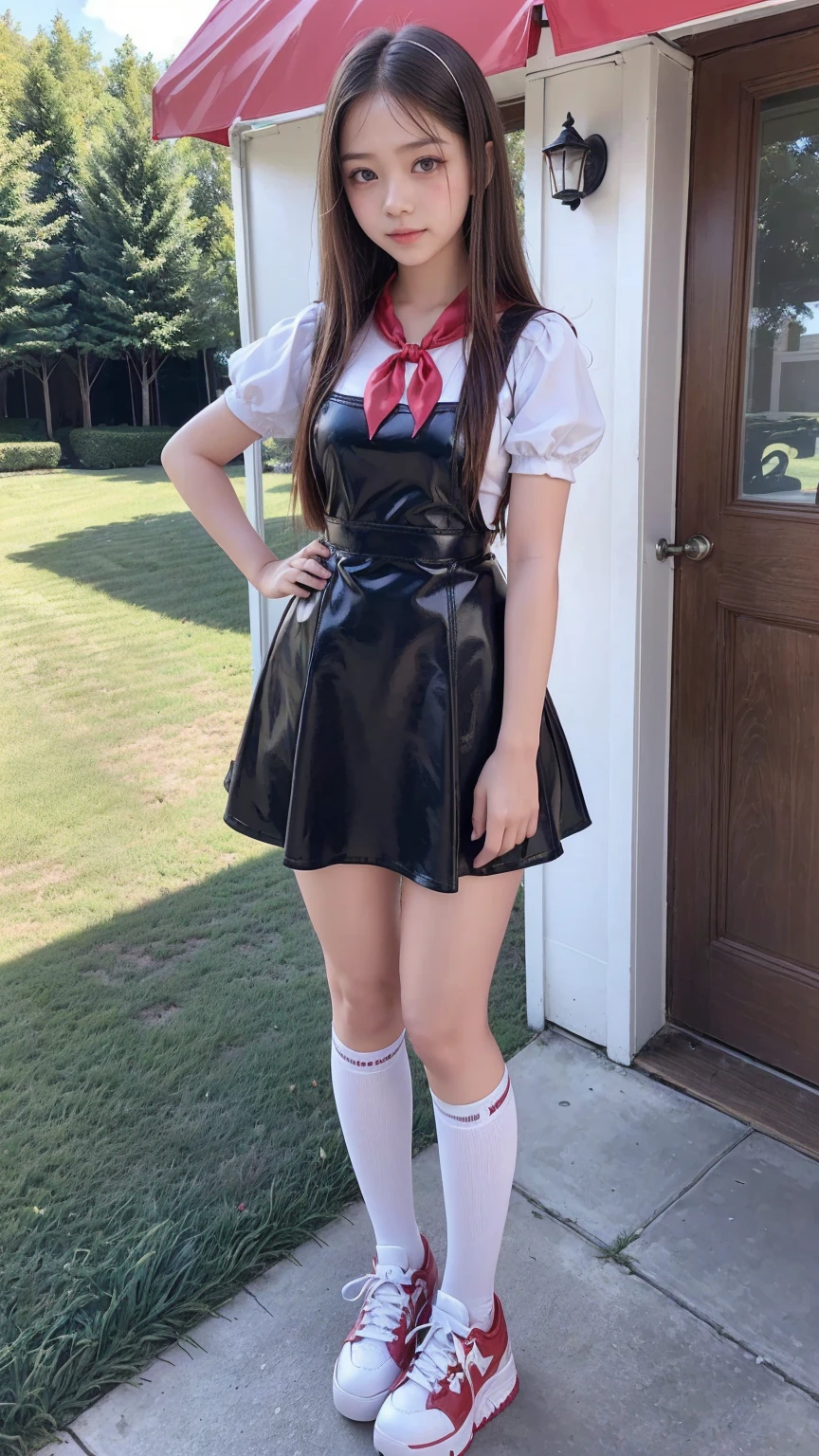 Long light brown hair with two ponytails and a red bow in the form of an elastic band, white shirt with a small red bow, dark blue skirt, white socks, black low-heeled shoes, gloves are not long, bluish-green eyes, white backpack with black straps, Smiling, stands, looked away,