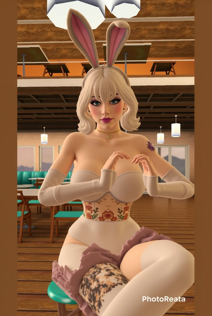 (high quelity), Female Cloud Strife, long hair, purple bunny suit, white thight stockings, high heels, tray on a hand, sexy smile, light blush, looking at viewer, huge breasts, precise hands, sexy pose