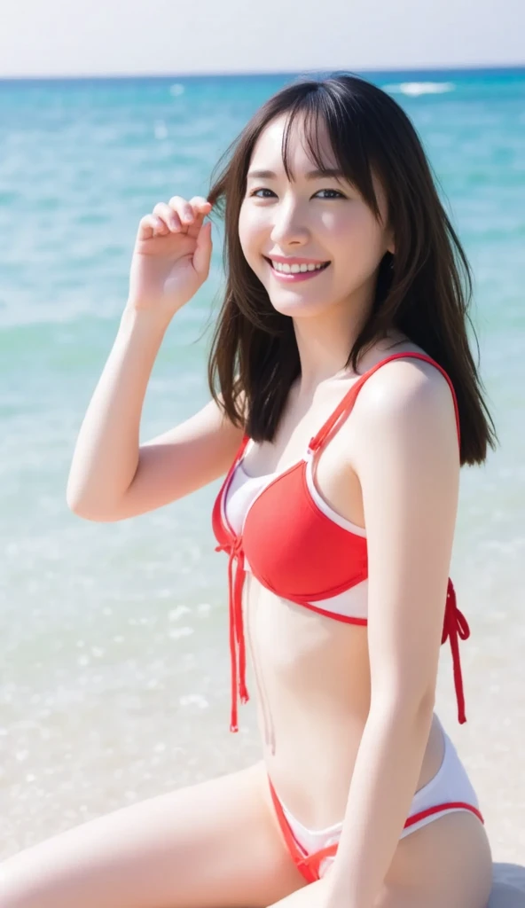 beautiful japanese girl gentle smile medium hair intricate brown hair big magic eyes smooth soft skin delicate body shape detailed chest midsummer sun Walk along the path by the sea outstretched arm red bikini denim shorts professional lighting professional photographer