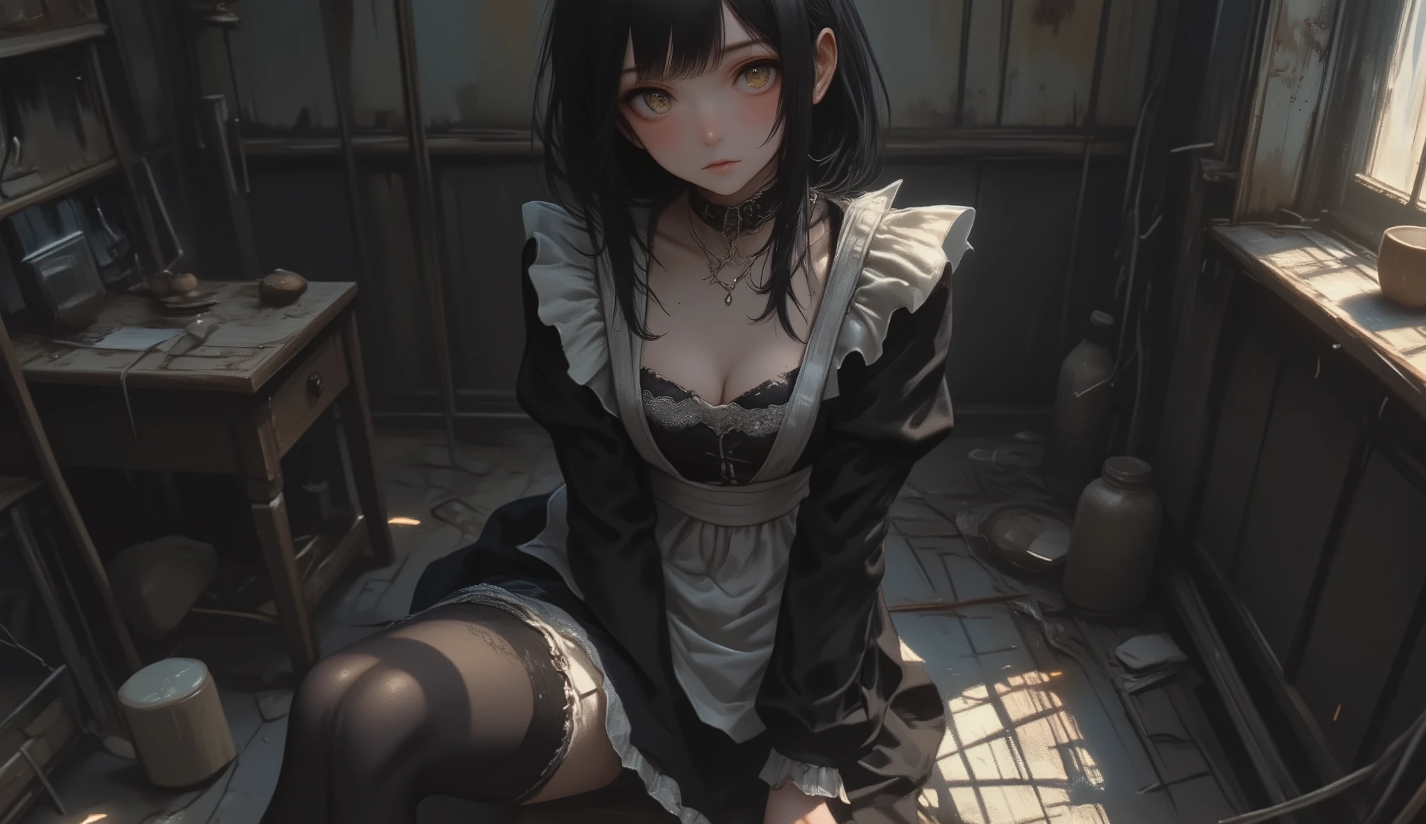 1 girl、Highest quality, masterpiece, Super Detail, high detail, High Quality,  I arranged the ,  short hair,  A single, shy yet beautiful girl with long, sleek black hair and striking yellow eyes, staring directly into the camera with an intense yet reserved expression. She wears a classic black maid outfit with delicate lace details, a frilly apron, and a modest yet elegant design. Her legs are covered in sheer black tights, adding to her refined yet melancholic aesthetic. Dark circles under her eyes reveal her exhaustion, giving her a vulnerable and fragile look. The dimly lit background enhances her mysterious and introverted presence, with soft lighting casting subtle shadows on her pale skin. The overall atmosphere is quiet, melancholic, and introspective, capturing the essence of a withdrawn yet captivating beauty.