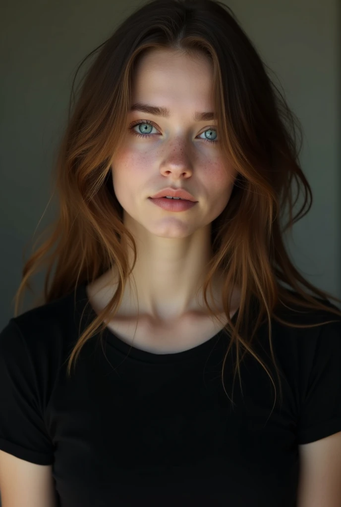 Young brunette woman, long hair, extra pale skin, freckles, dramatic lighting with shadows, crying, upset, in pain 