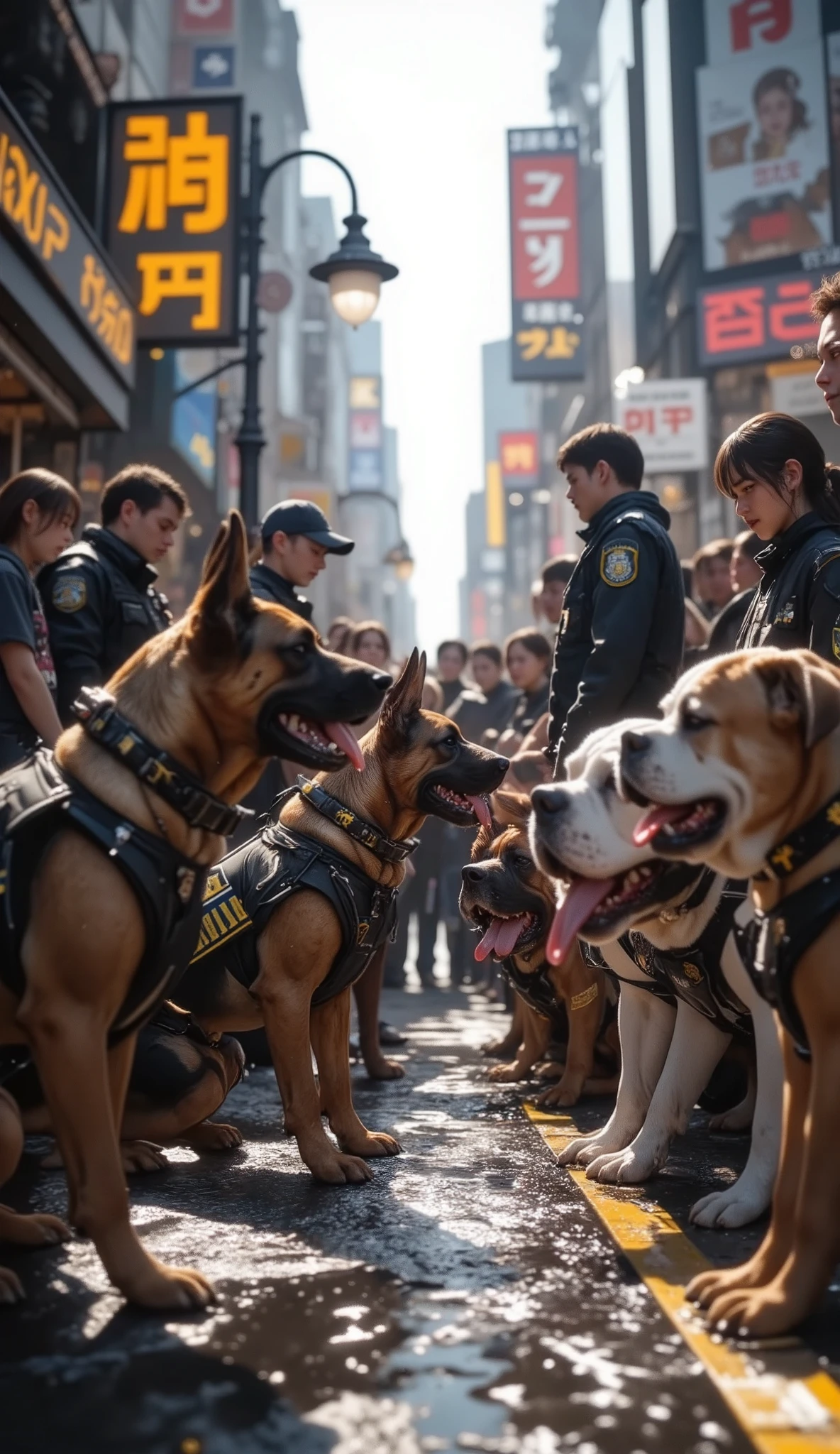 Police Dog Checkpoint
Photorealistic vertical image of German shepherds and bulldogs in police vests, inspecting nervous humans on a city street.