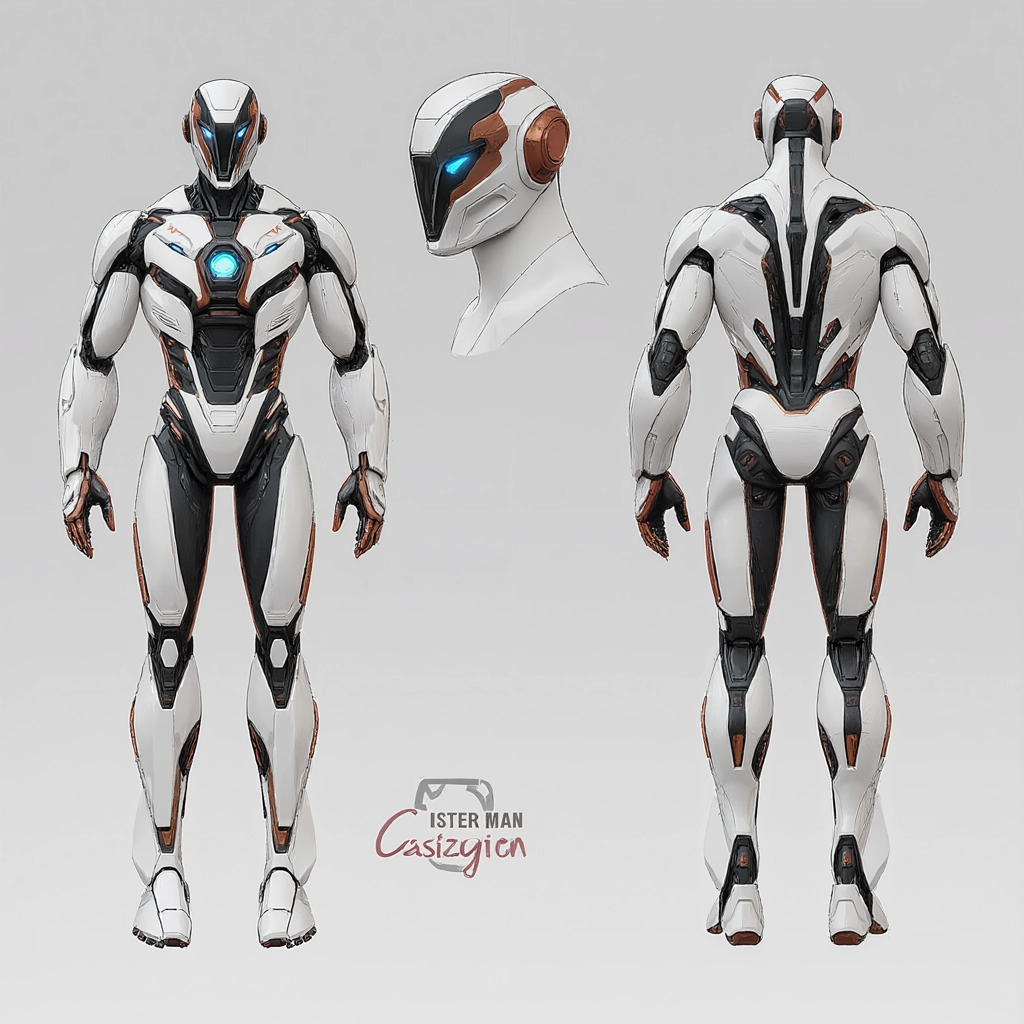 A futuristic, highly detailed, realistic sci-fi powered exosuit armor, made with sleek titanium-aluminum-carbon fiber material, armor colour is white, red and gold, featuring a glowing blue lotus-shaped arc reactor at the chest. The armor is slim, powerful, and aerodynamic, with smooth mechanical muscle design across arms and legs. The suit has hidden plasma jet thrusters embedded in the back and boots for flight, and small palm thrusters for stabilization. The helmet is aggressive and sharp, more futuristic, with glowing blue eyes. The overall aesthetic is clean, lightweight, and built for real-world functionality. The armor shines under soft lighting, showcasing metallic textures and subtle blue energy veins running through the suit. Ultra-realistic, cinematic lighting, full-body portrait, front view. White background