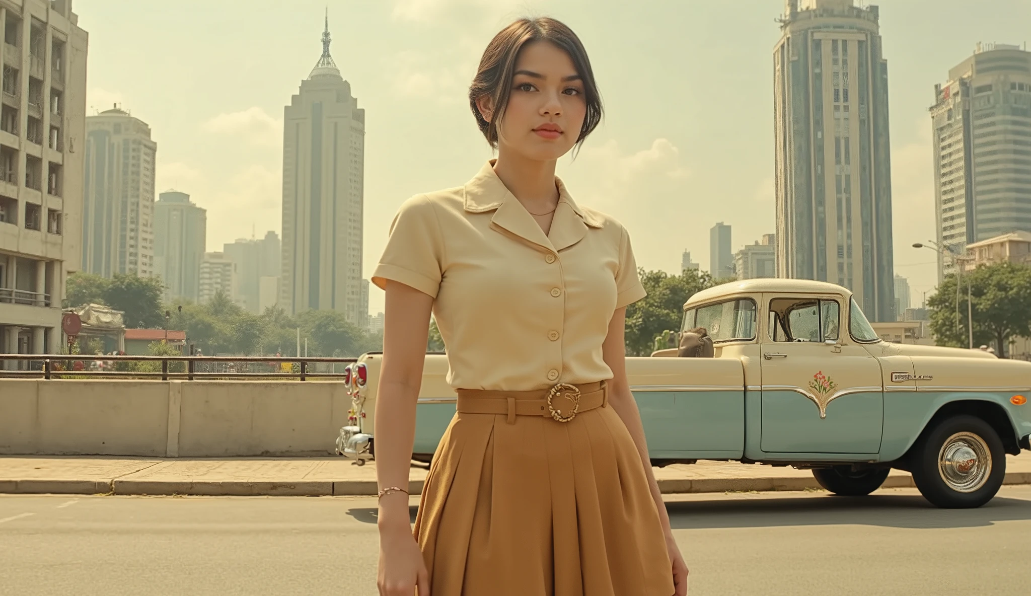 Set in the city of Jakarta in the 1950s. Young woman in 1950s-inspired clothing walks past a pickup truck; Caucasian woman, 20-25 years old, short brown hair, fair skin; pale complexion; wearing a beige button-down shirt, fitted, with a gold/bronze pleated midi skirt, gold/bronze belt; light gold color; confident pose; upright posture, looking straight ahead; urban setting, modern city skyline, mid-century modern style; light blue and pastel beige pickup truck, decorative floral motif; large, stylish modern skyscrapers in the background; bright golden sunlight; soft, filtered light; paved city street, light gray/beige; focal point: woman; camera angle: medium range, slightly tilted; vintage, retro style; dreamy, optimistic mood. 4k, HDR