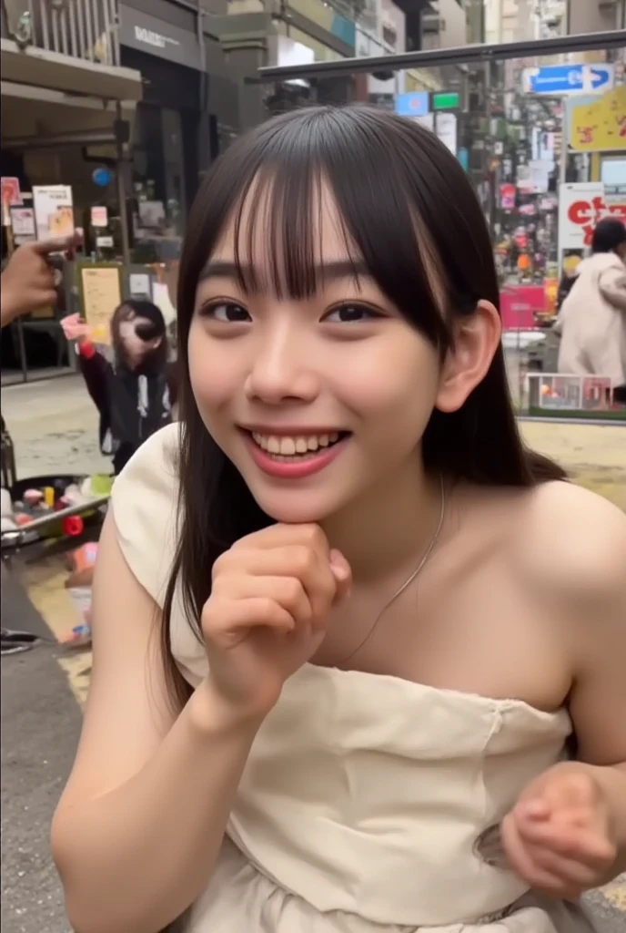 top-quality、masterpiece、solo、a beautiful Japanese 、sixteen years old、(nudity:1.3)、Happy smiling face、((looking at the viewers))、Blushing、spread legs, on street with building with shops、rainy、cowboy shot