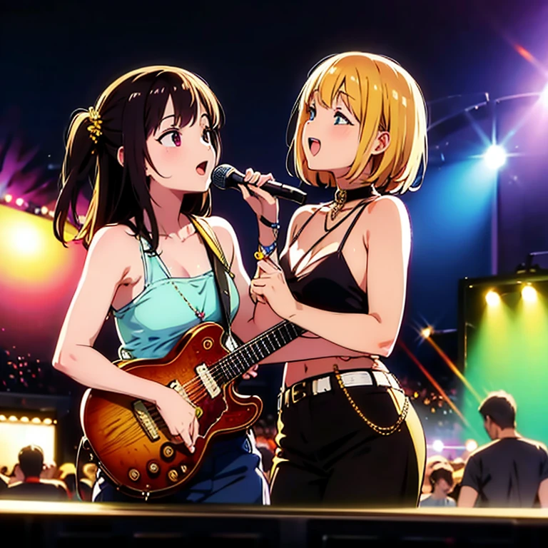 (masterpiece:1.2, best quality), (highly detailed:1.3),  3girls, 14yo, teen, rock band, (bikini), leather shorts,  play electric guitar, in bedroom, sing, aggressive, heavy metal,