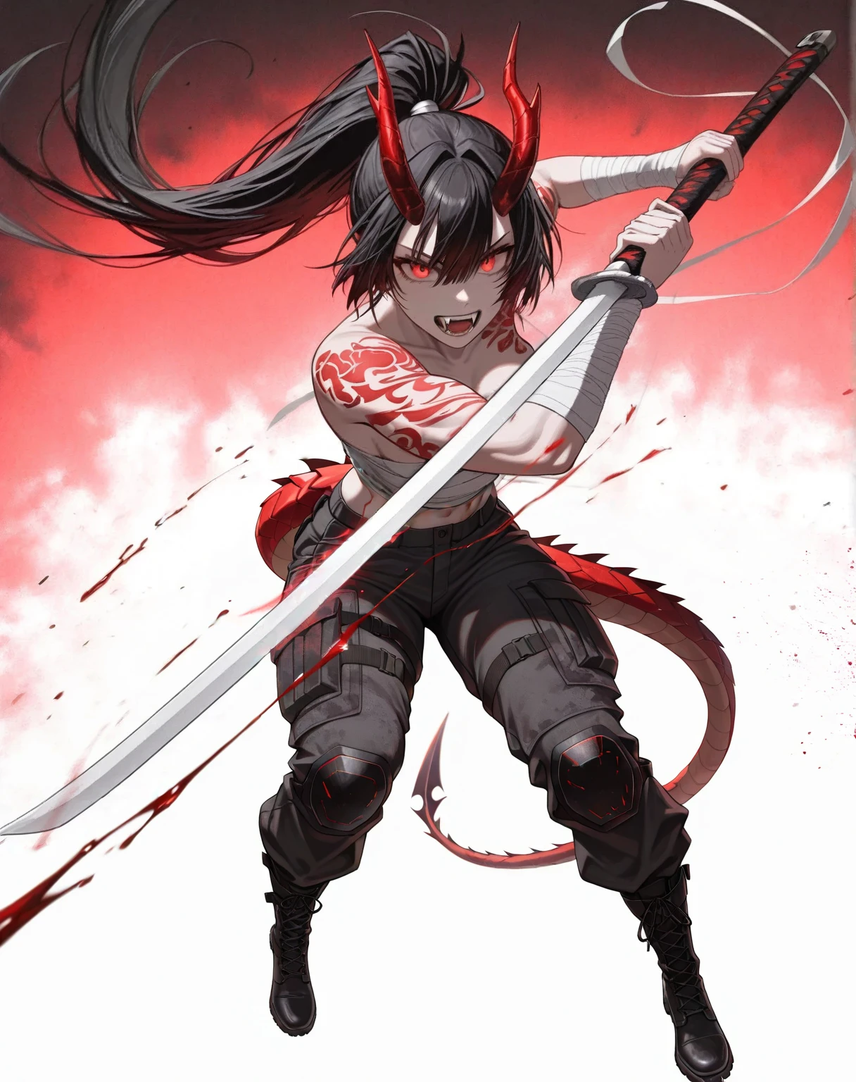 Long black hair anime girl holding sword and red background, Demon anime girl, gapmoe sick grimdark, Kill and kill illustration, Badass anime 8k, Monochrome and red bleeds, Demon Slayer art style, devil girl, gapmoe sick, Kill and kill, Persona 5 art style wlop, Rin Harusaka, morbidSurrealism, chiaroscuro, depth of field, cinematic lighting, best quality, UHD