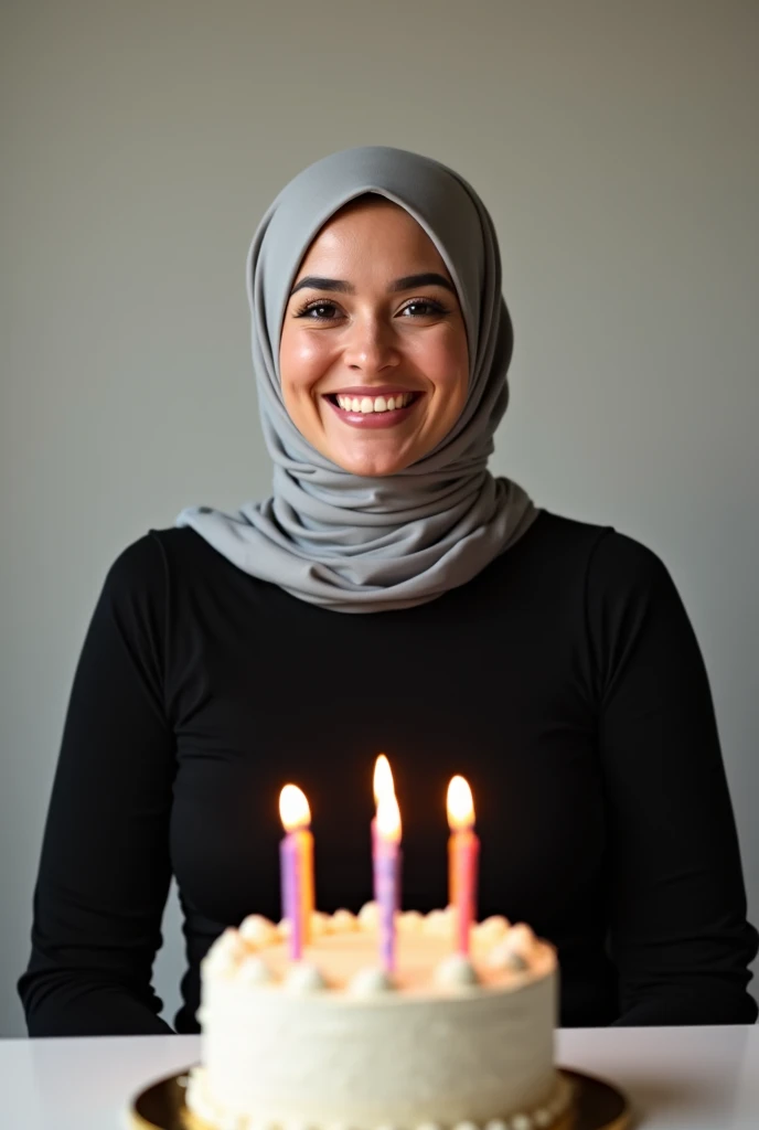 Its Saada's birthday. She likes the colour blue. Generate a beatiful and slim arab girl wearing hijab as the birthday girl with all sorts of banners and decorations and a cake. The cake and banners should show that She is turning 24 and her birthday is 18th of August. She is my one and only love. 